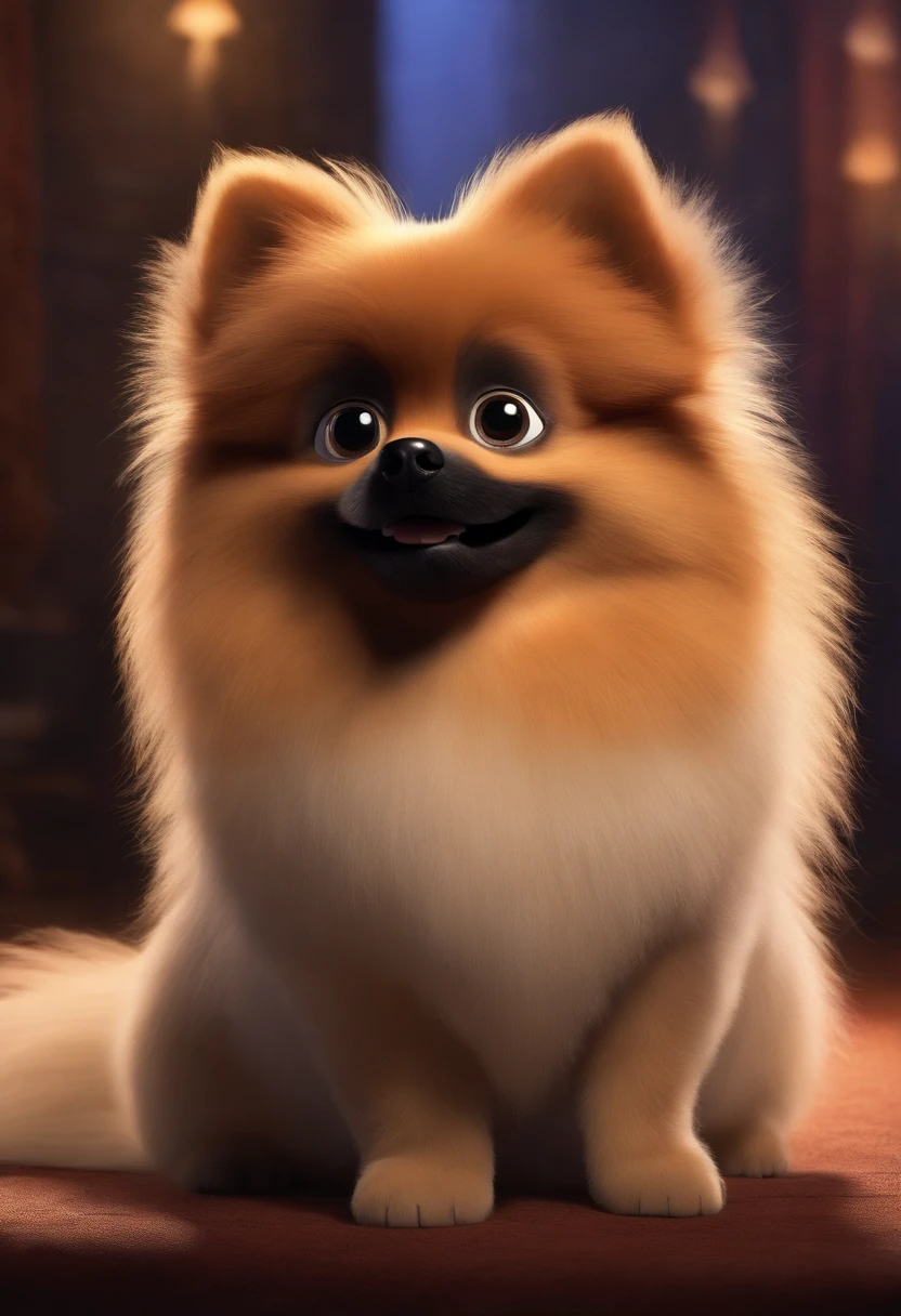 Animated poster for the Disney Pixar film of a small German spitz with black-colored fur and a mustache on one side black and on the other side white, e com cabelos cor de preto, grandes olhos negros, muito peludo