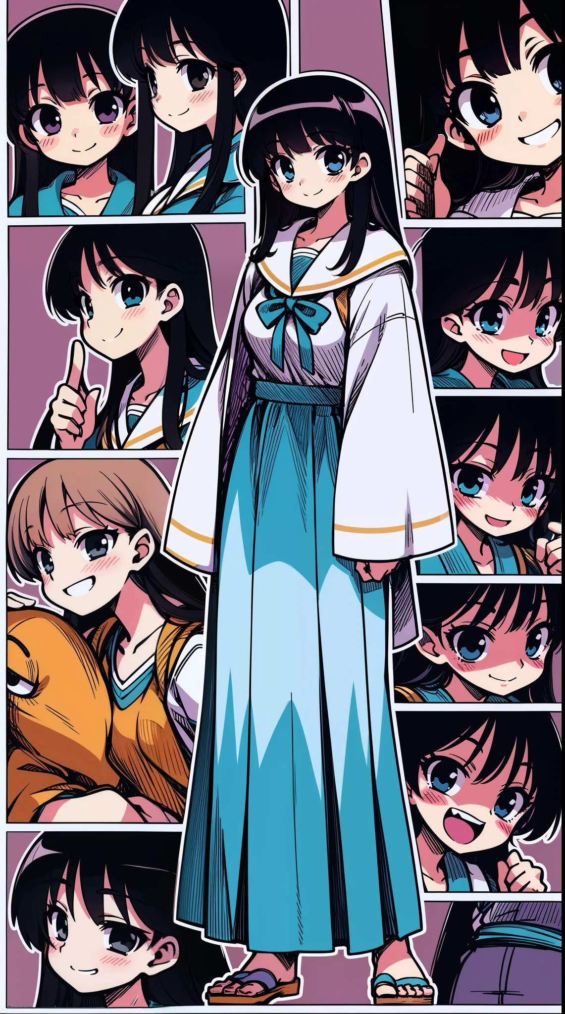 poncho, long sleeve, tomboy, long hair, long skirt, robe, black hair,smile, blush stikers, medium breast, flipflops