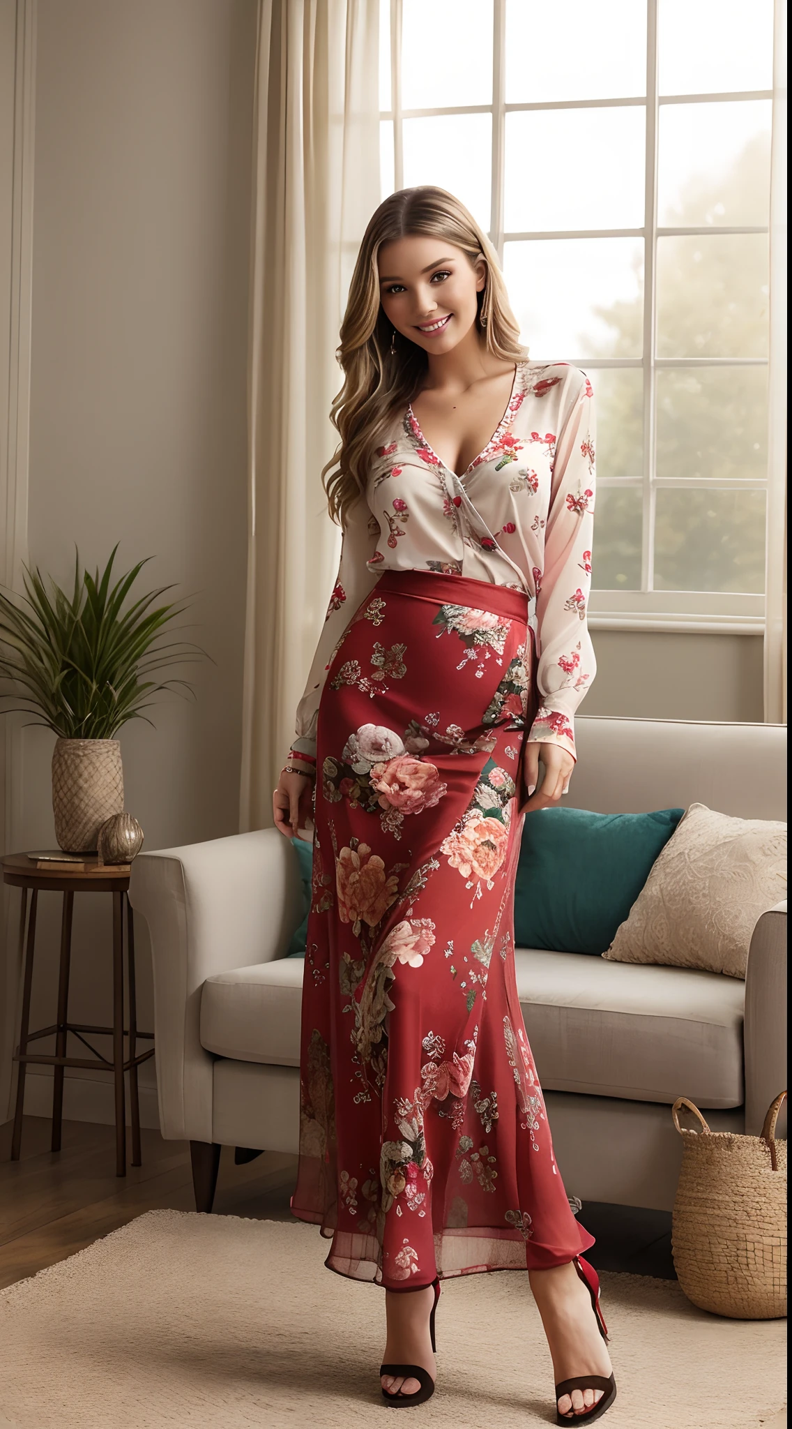 Foto hiperrealista en primer plano de Emily Sears , masterpiece, best quality, (photorealistic:1.4), full body, (red1 Casual Boho Floral Blouse Shirts V Neck Long Puff Sleeve Lightweight Chiffon:1.2), (red1 fall maxi maxi skirt:1.1), heels, living room, cinematic light, beautiful woman, skinny, large breastsr, straight hair, detailed face, smile, jumping