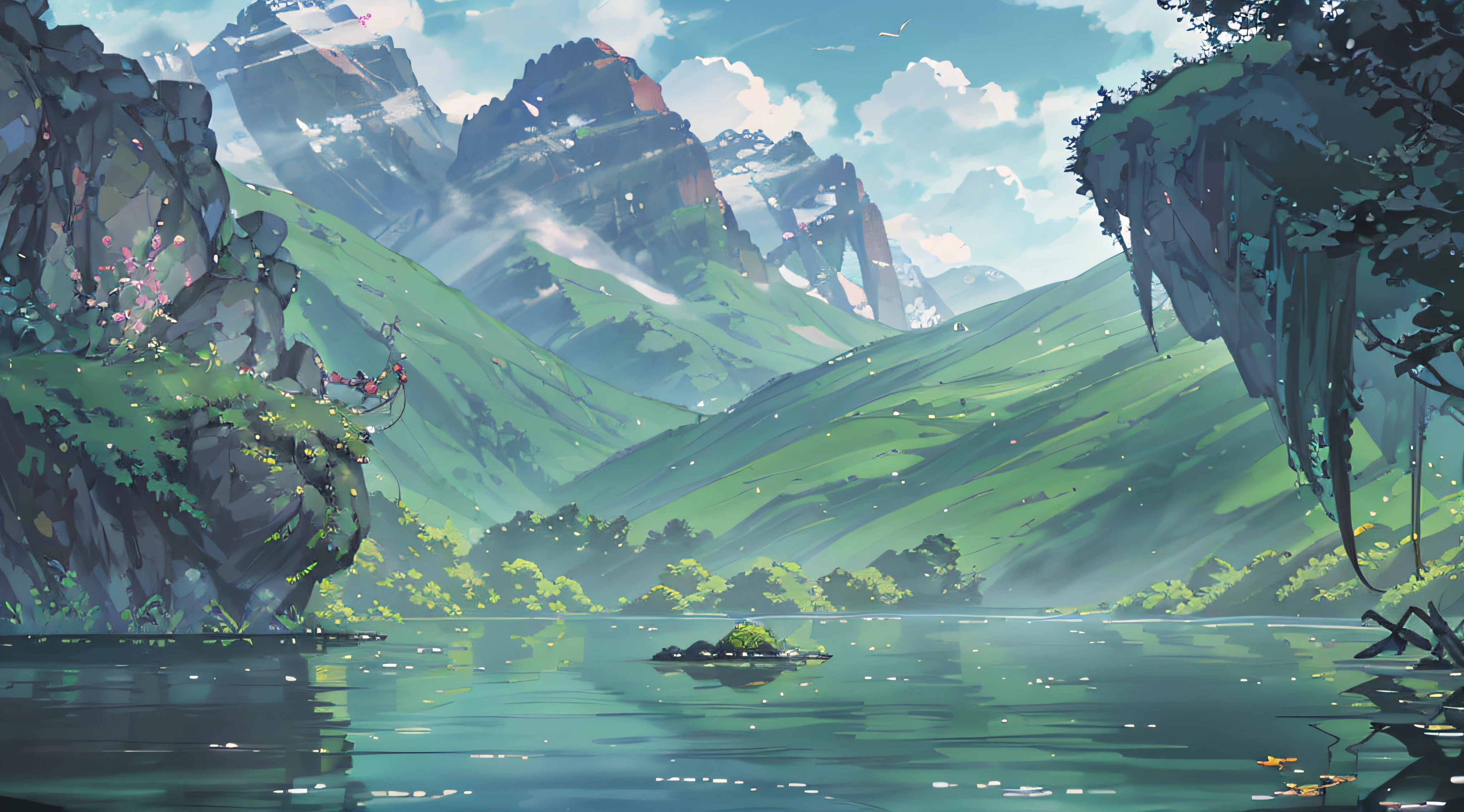 Chinese ancient times, spring, jungle, lake, cave, waterfall, tree, meadow, rock, deer, hot spring, water vapor, (illustration: 1.0), epic composition, realistic lighting, HD details, masterpiece, best quality, (very detailed CG unified 8k wallpaper)