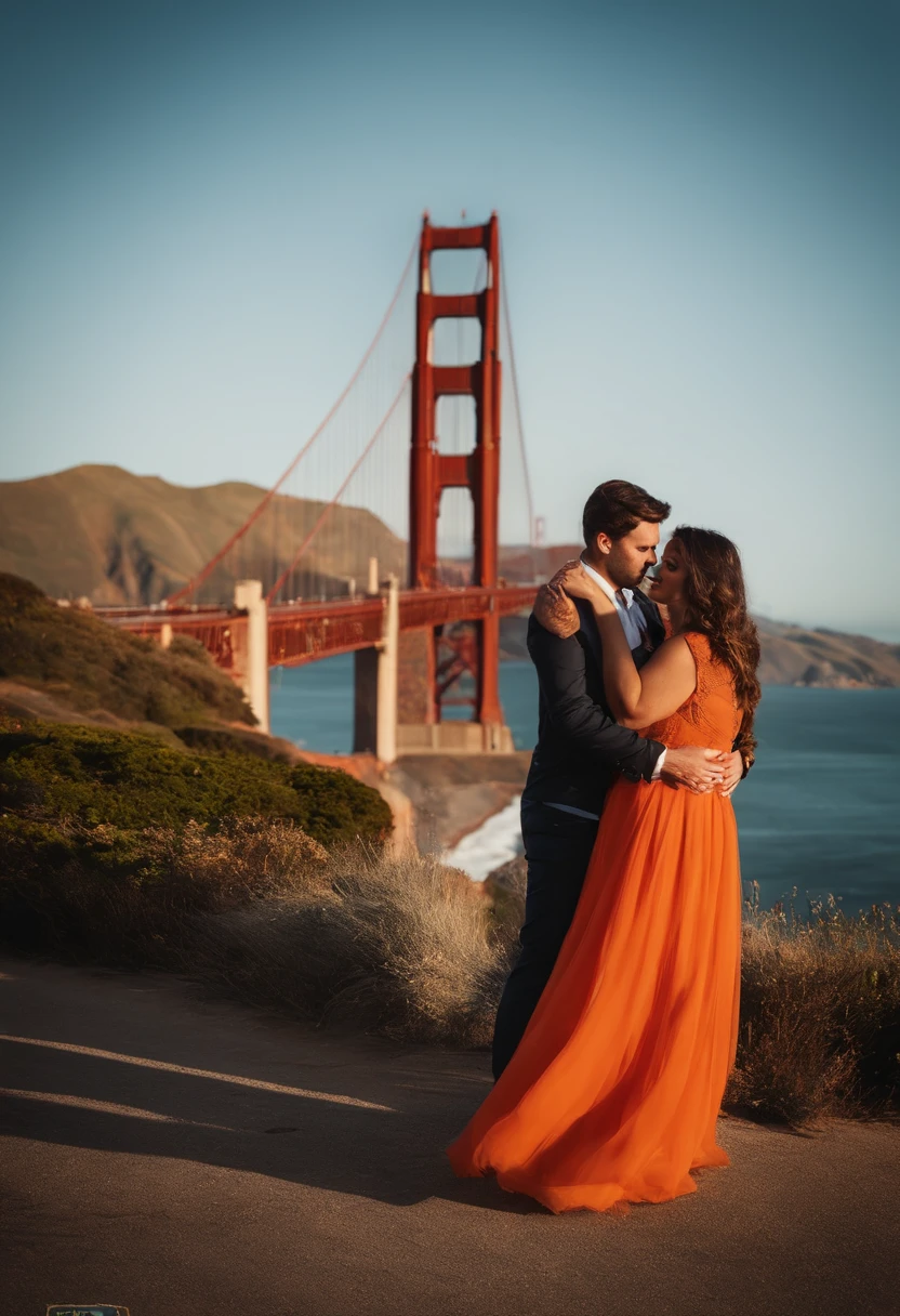 Casal de 30 anos feliz em frente a Golden Gate