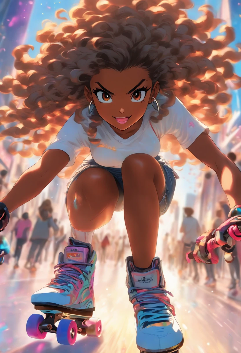 (highres,ultra-detailed,realistic:1.2),A black woman with long curly hair, full lips, and a wide hip. She is wearing a white t-shirt and jeans. She is skating with rollerblades.