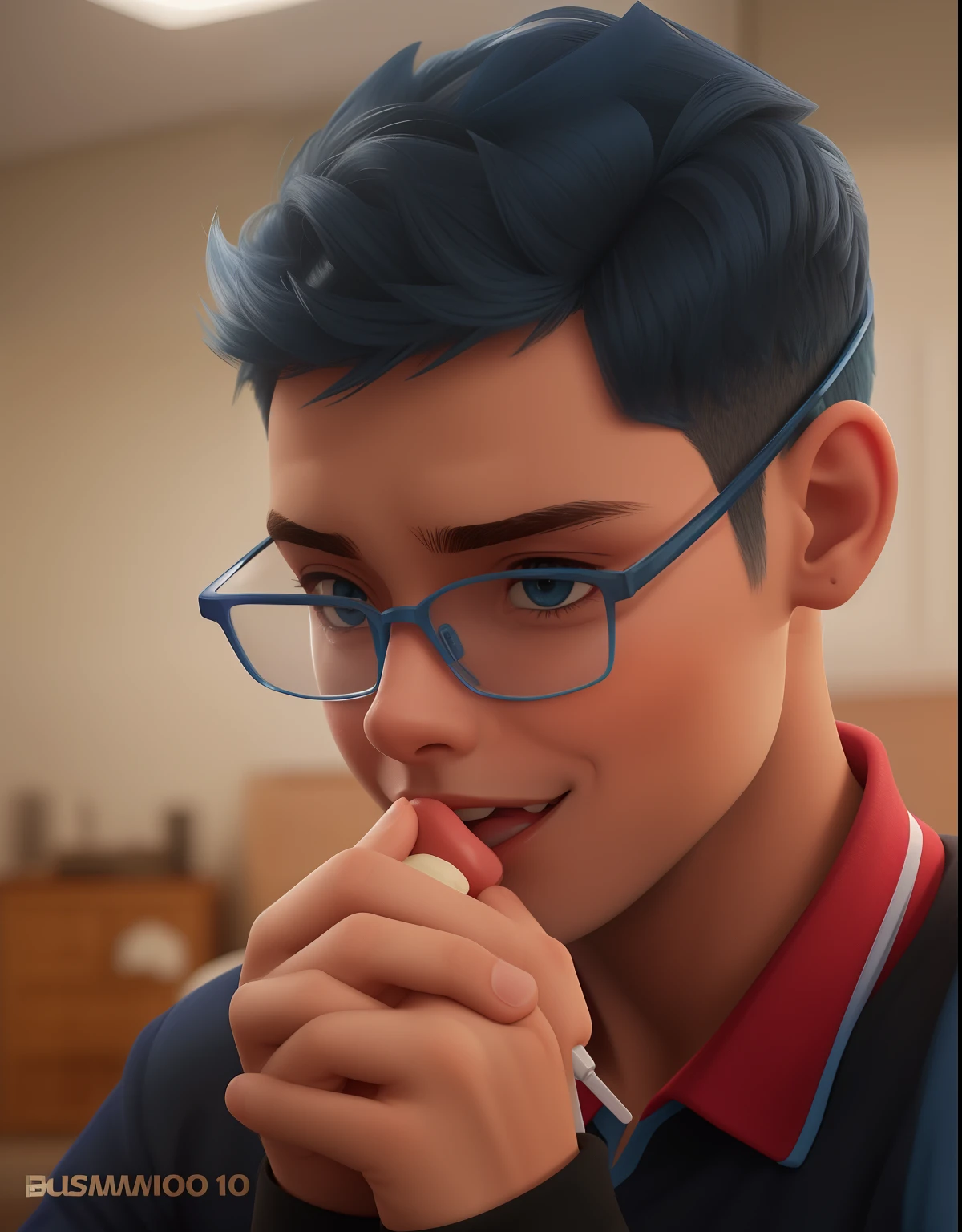 Um garoto de 15 anos, com cabelos castanhos, olhos fechados, Blue glasses on the side, blusa vermelho, branco e azul.