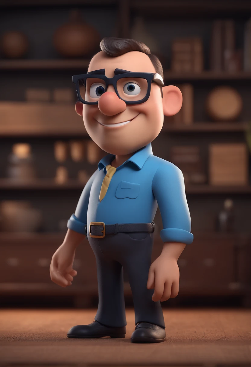 Cartoon character of a man with black glasses and a blue shirt, animation character, Caractere estilizado, animation style rendering, 3D estilizado, Arnold Maya render, 3 d render stylized, toon render keyshot, Personagem 3D, Personagem 3D, 3d rendering stylized, 3 d character render, personagem de desenho animado, Personagem de close up, Pose de personagem, (Estilo Pixar) (master part:1.2) (Bokeh) (best quality) (pele detalhada) (textura detalhada) (8k) (argila) (Cinematic lighting) (foco nítido