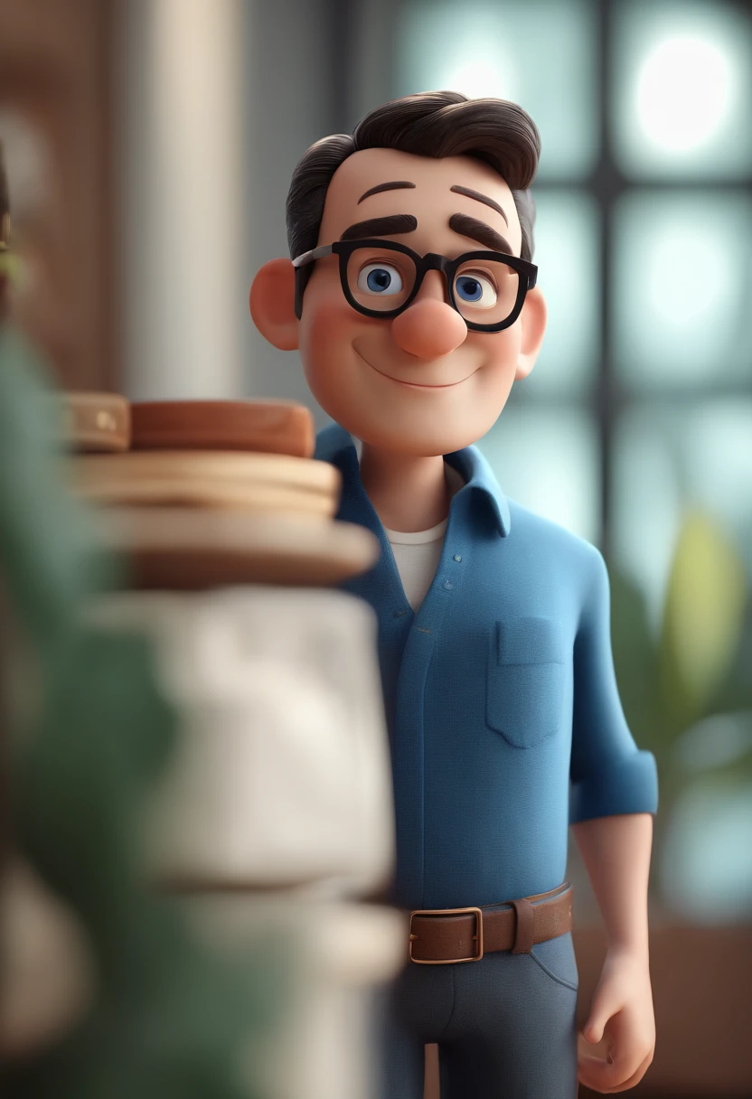 Cartoon character of a man with black glasses and a blue shirt, animation character, Caractere estilizado, animation style rendering, 3D estilizado, Arnold Maya render, 3 d render stylized, toon render keyshot, Personagem 3D, Personagem 3D, 3d rendering stylized, 3 d character render, personagem de desenho animado, Personagem de close up, Pose de personagem, (Estilo Pixar) (master part:1.2) (Bokeh) (best quality) (pele detalhada) (textura detalhada) (8k) (argila) (Cinematic lighting) (foco nítido