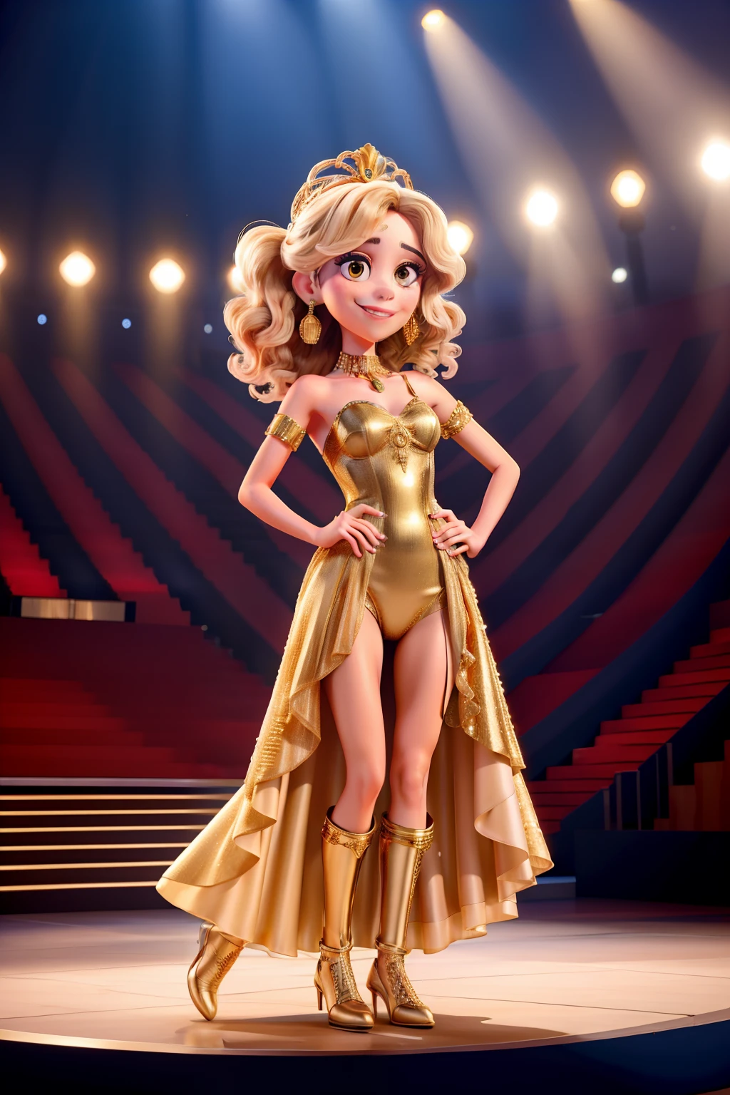 TINI Stoessel no Hippodrome of Palermo, em cima do palco, com o titulo "TINI TOUR 2022", With golden microphone in hand.