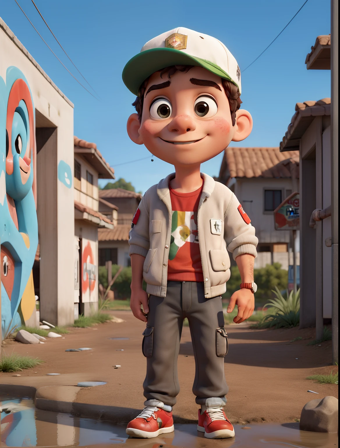 obra-prima, melhor qualidade, 1boy , Walking on the sidewalk, garoto hip hop, loose pants, retro, suburbano, suburb, 1990, gorro branco, ao ar livre, Relaxed, puddles, dreno, rebelde, arrastado, ((graffiti)), ((lixo)), sujeira deitada, folhas, ((concreto quebrado)), cidade, symmetric eyes, Hands in pockets, nuvens, nublado, rosto detalhado, filme red