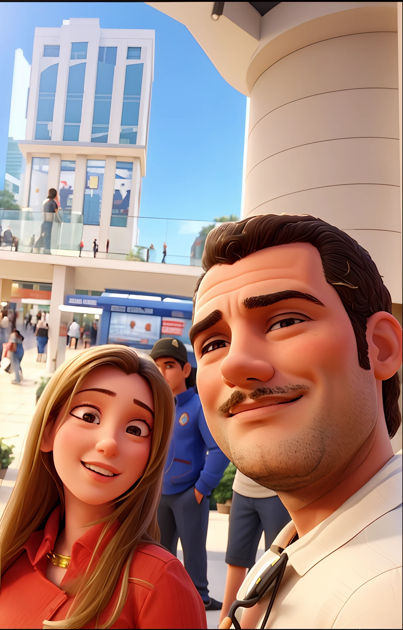 There are two people standing in a mall with a building in the background, Directed by: Nandor Soldier, david rios ferreira, imagem de perfil, In Sao Paulo, edu souza, andrea rocha, em um shopping, by Antonio Parreiras, gui guimaraes, em um shopping, Directed by: Robert Combas, Fotografia selfie 8k