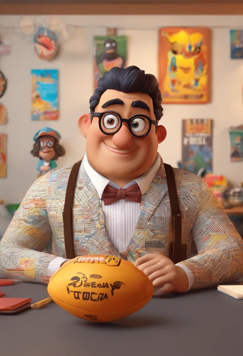 Crie um cartaz inspirado na Disney Pixar 3d,  com um homem moreno sendo o juiz de futebol, A black-haired man wearing glasses, On a white band in the judge's hair written