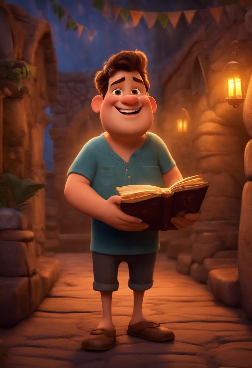 criar imagem da pixar de homem obeso, sorridente, com sobrancelha grossa, Holding a Bible in one hand, falando numa igreja