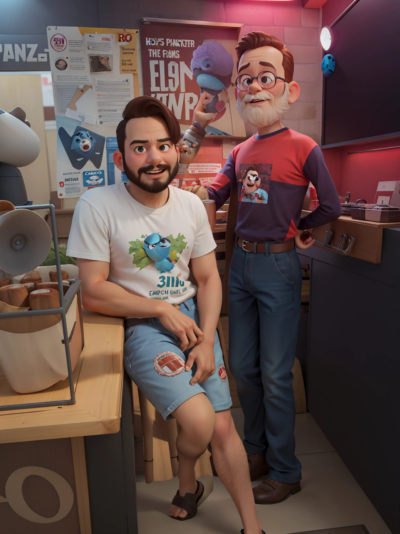 Um rapaz moderno, 30 anos, marketeiro, cabelos castanhos, sentado em um baco alto com uma camiseta, fundo de um painel com lambe lambe vintage, cartaz da pixar, alta qualidade