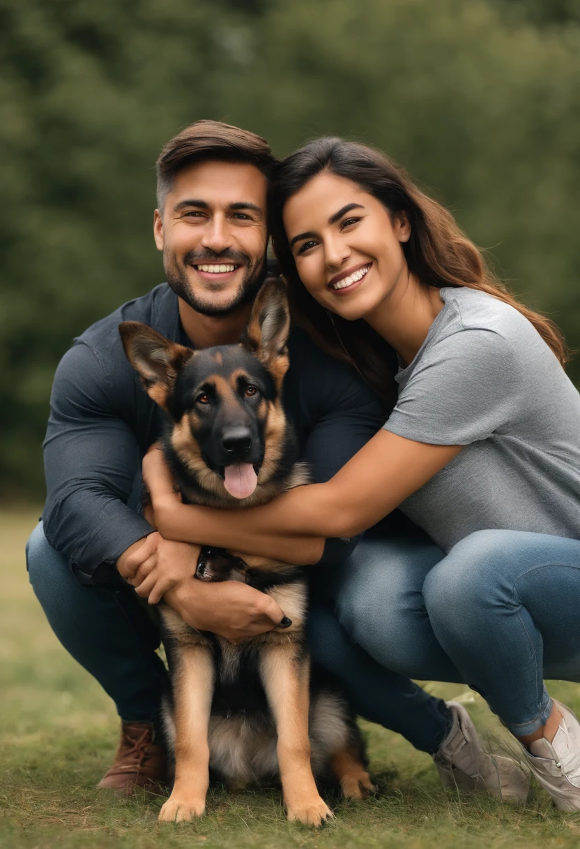 Pixar. Couple with two German Shepherd puppy. A menina tem os cabelos loiros amarrados, Camiseta cinza e jeans claro. O menino de cabelos pretos com cabelos de coque tipo samurai, Dark blue jeans and black t-shirt. They are both smiling and are 30 years old. On a football field backdrop.