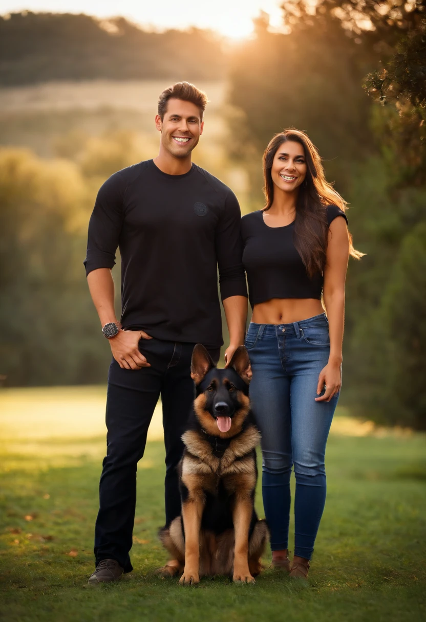 Pixar. Couple with two German Shepherd puppy. A tem os cabelos loiros amarrados, Camiseta cinza e jeans claro. O meninobelos pretos com cabelos de coque tipo samurai, Dark blue jeans and black t-shirt. They are both smiling and are 30 years old. On a football field backdrop.