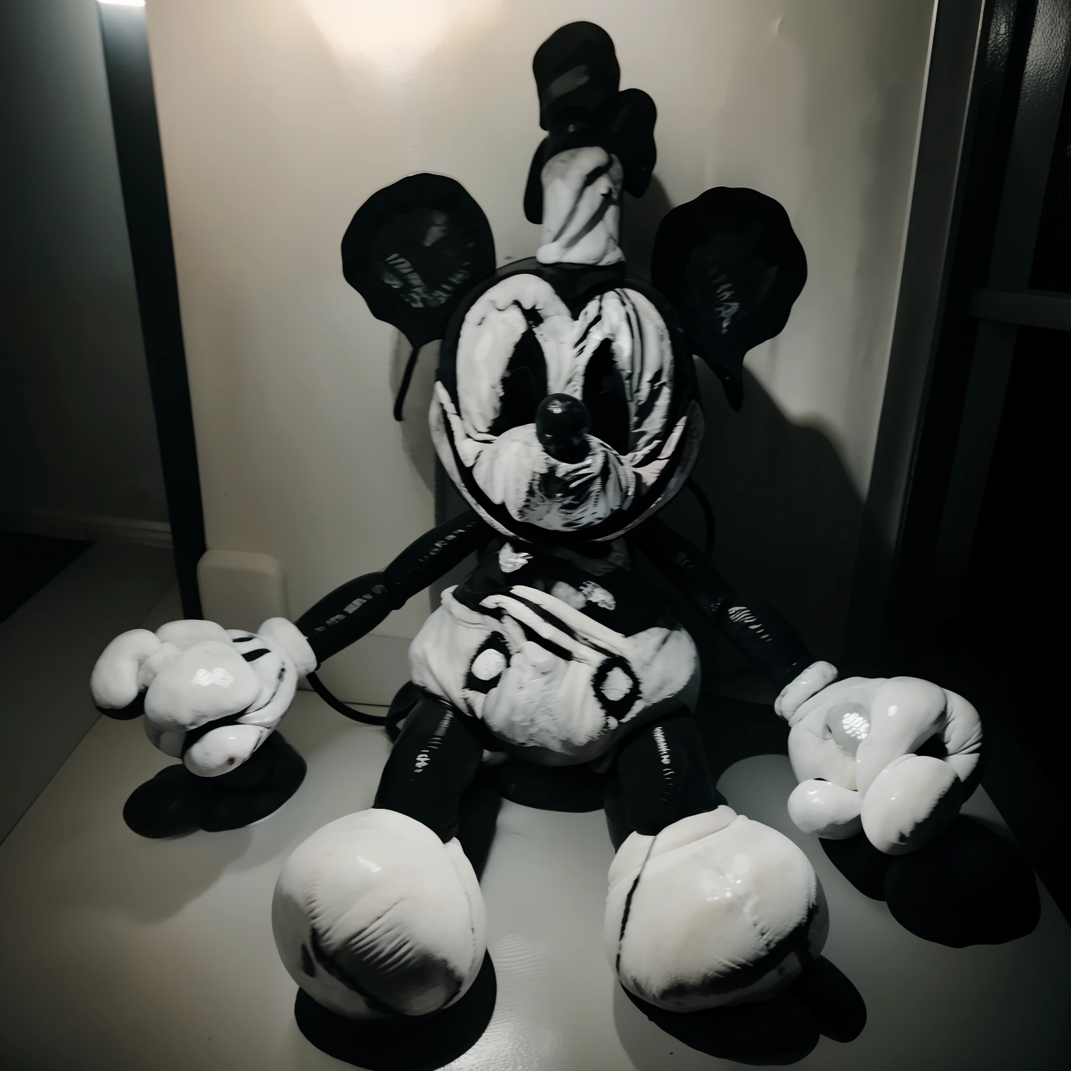 Mickey Mouse, big grey shorts with grey buttons, sailor captain hat, open smile, staring at the viewer, full body, Toy_Plushies, Sitting on a wooden floor, white wall, intricate details