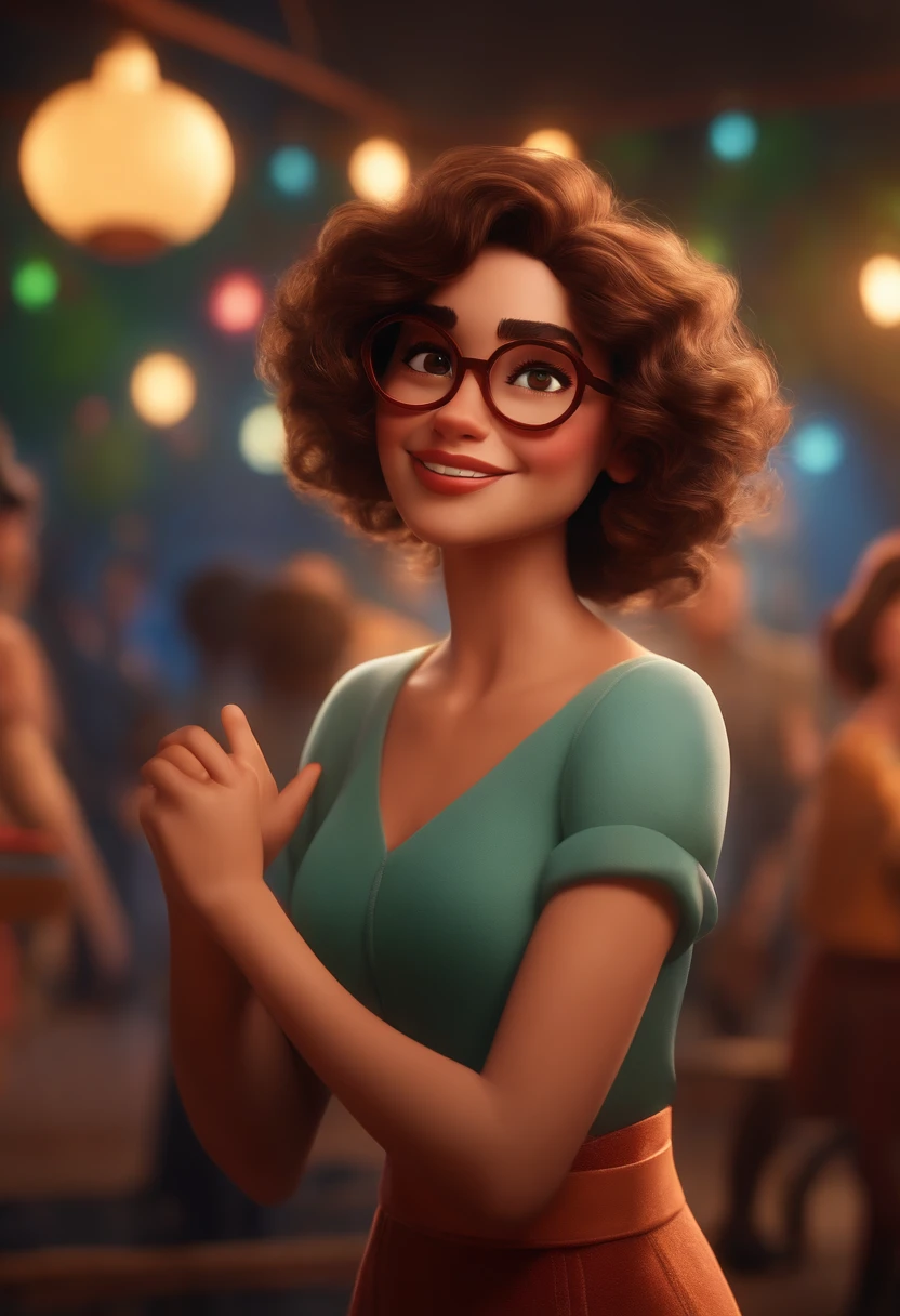 Pixar style image with 3D character white glasses brunette woman short curly hair dancing, Maquiagem Disney,Pescador, bonitinho, sorridente ,Close-up, Pixar, Disney, Cinema lighting,