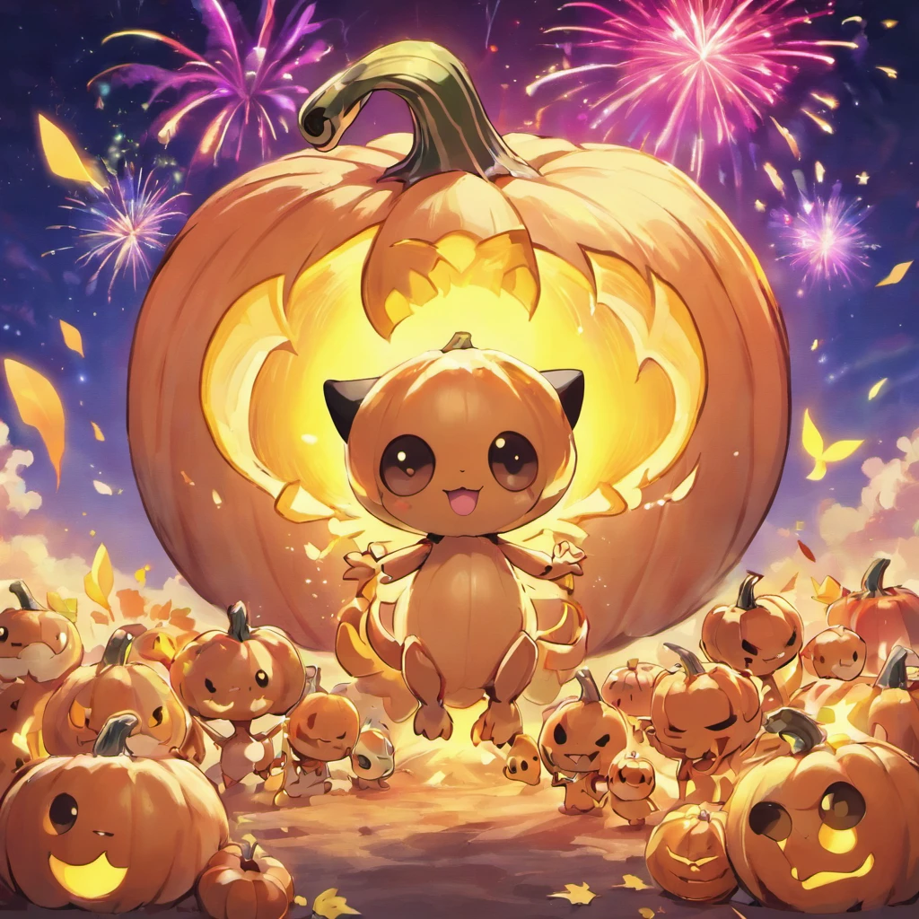 Pumpkin Monster movie poster,Cute little skeletons,plethora of colors,Colorful,Highest image quality,Cinematic texture,A masterpiece,tmasterpiece,Fireworks in the background
