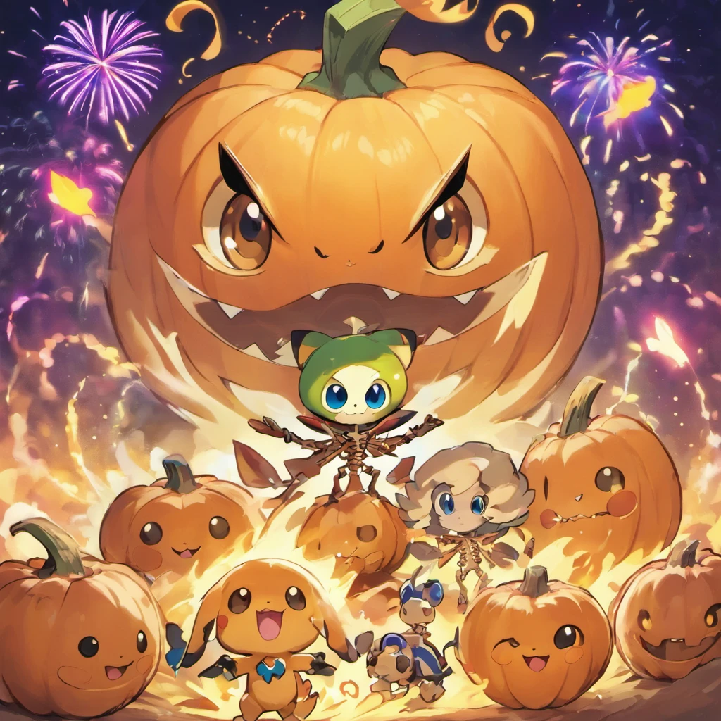 Pumpkin Monster movie poster，Cute little skeletons，plethora of colors，Colorful，Highest image quality，Cinematic texture，A masterpiece，tmasterpiece，Fireworks in the background