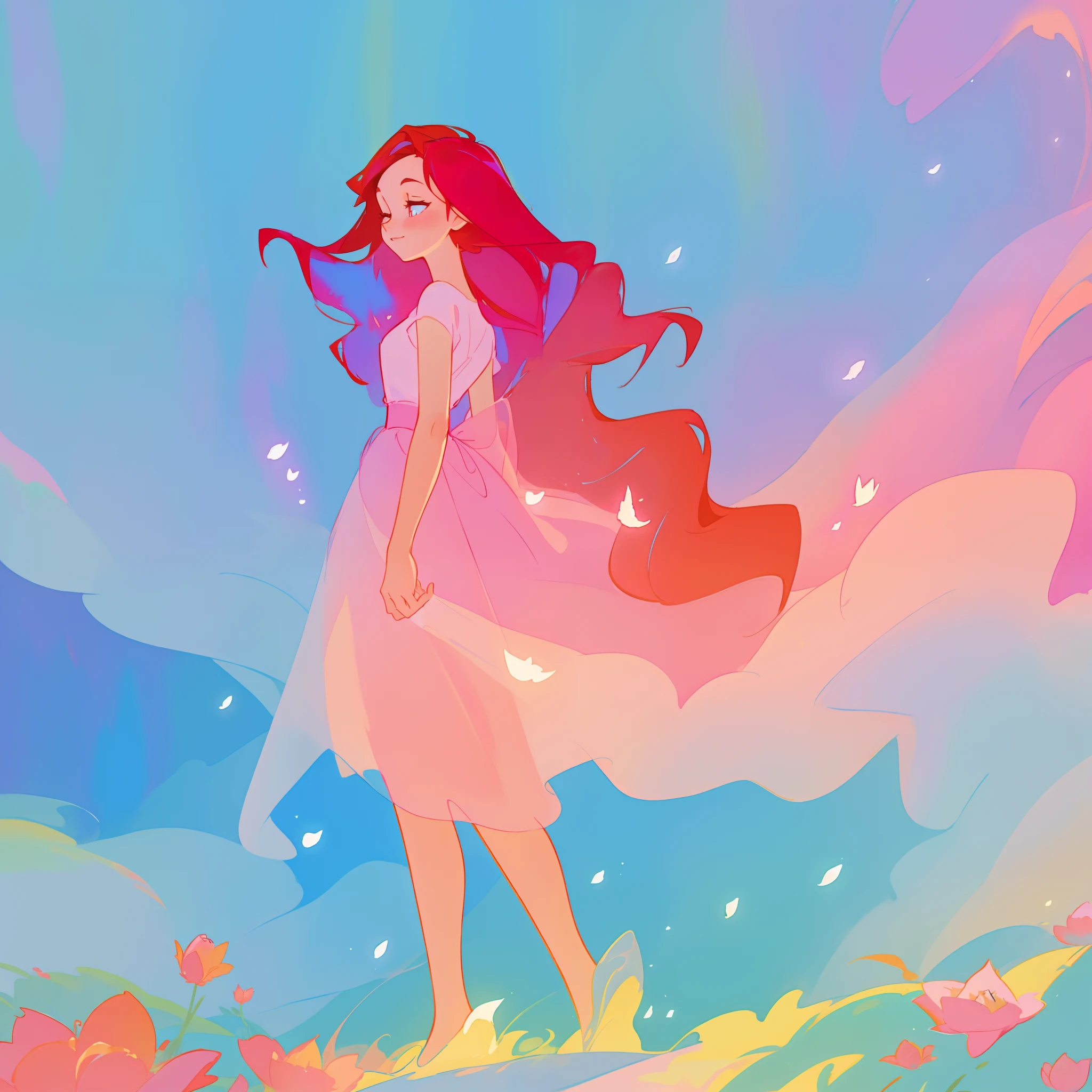 beautiful girl in flowing pink ballgown, long flowing red hair, colorful fantasia background, watercolor illustration, inspired by Glen Keane, inspired by Lois van Baarle, disney art style, by Lois van Baarle, glowing aura around her, by Glen Keane, jen bartel, glowing lights! digital painting, flowing glowing hair, glowing flowing hair, beautiful digital illustration, fantasia otherworldly landscape plants flowers, beautiful, masterpiece, best quality, anime disney style