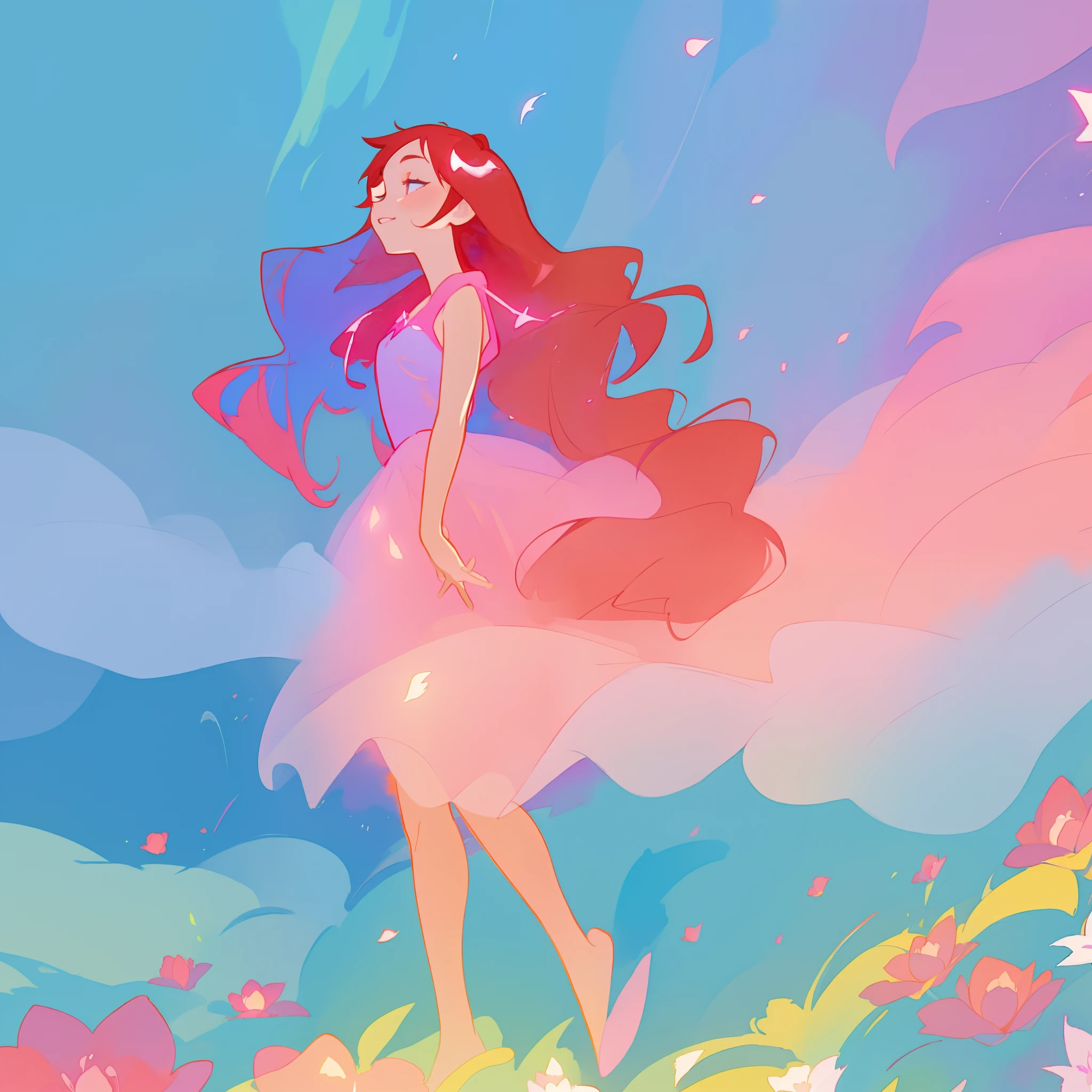 beautiful girl in flowing pink ballgown, long flowing red hair, colorful fantasia background, watercolor illustration, inspired by Glen Keane, inspired by Lois van Baarle, disney art style, by Lois van Baarle, glowing aura around her, by Glen Keane, jen bartel, glowing lights! digital painting, flowing glowing hair, glowing flowing hair, beautiful digital illustration, fantasia otherworldly landscape plants flowers, beautiful, masterpiece, best quality, anime disney style