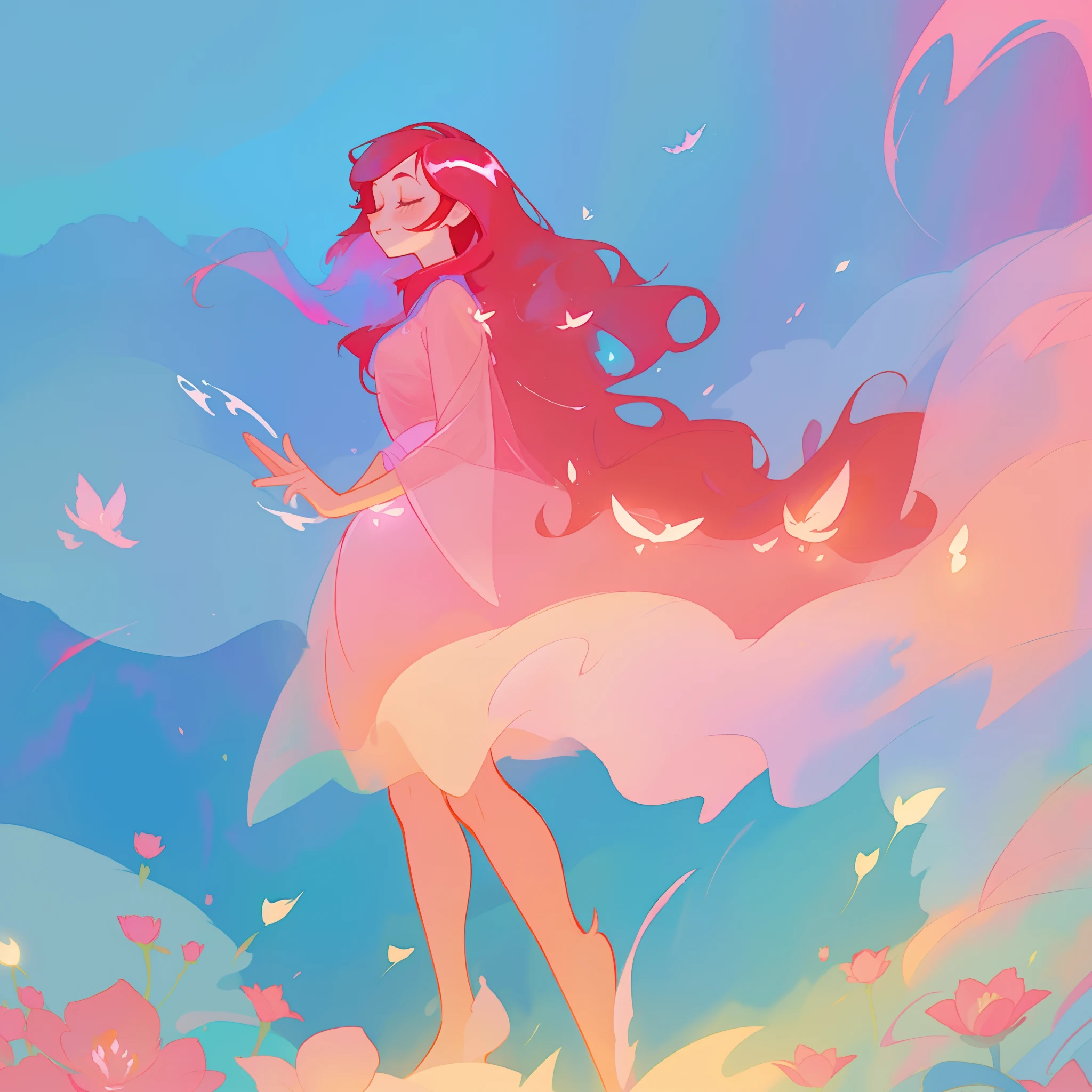 beautiful girl in flowing pink ballgown, long flowing red hair, colorful fantasia background, watercolor illustration, inspired by Glen Keane, inspired by Lois van Baarle, disney art style, by Lois van Baarle, glowing aura around her, by Glen Keane, jen bartel, glowing lights! digital painting, flowing glowing hair, glowing flowing hair, beautiful digital illustration, fantasia otherworldly landscape plants flowers, beautiful, masterpiece, best quality, anime disney style