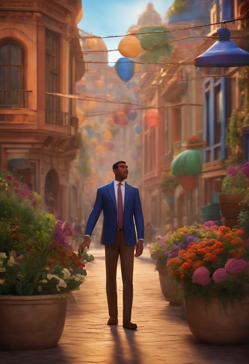 A city councilman looking at a dream project inspired by Pixar animation, de perto. The character takes center stage with captivating facial expressions, oferecendo um toque de irrealidade