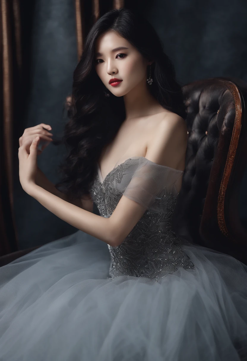 Sitting in a chair in a black dress，Korean female fashion model，Hot figure，Get people's blood pumping，Rounded chest，Covered with transparent tulle，mesh shirt，Chrome clothes，Shiny silver，Fortunately for my appearance，Bigchest，best qualtiy， tmasterpiece， 超高分辨率， realisticlying，