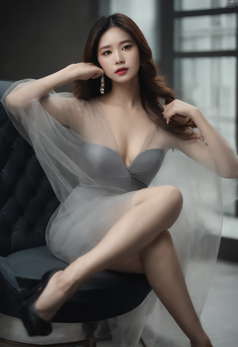Sitting in a chair in a black dress,Korean female fashion model,Hot figure,Get people's blood pumping,Rounded chest,Covered with transparent tulle,mesh shirt,Chrome clothes,Shiny silver,Fortunately for my appearance,Bigchest,best qualtiy, tmasterpiece, 超高分辨率, realisticlying,