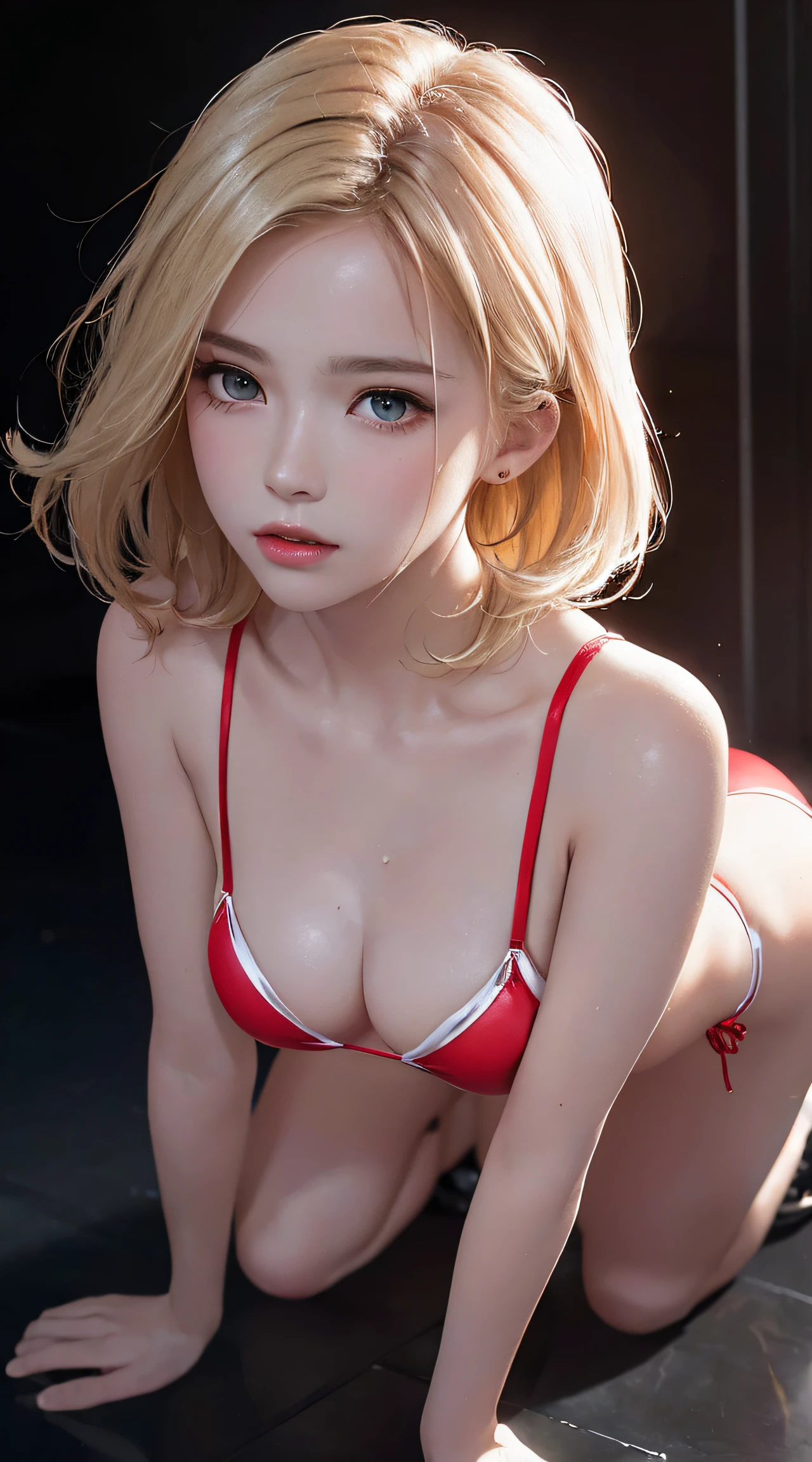 (8K, RAW Photos, of the highest quality, Masterpieces: 1.2), (Realistic, Photorealistic: 1.37), Highest Quality, Ultra High Resolution, light leaks, Dynamic lighting, Slim and smooth skin, (Full body:1.3), (Soft Saturation: 1.6), (Fair skin: 1.2), (Glossy skin: 1.1), Oiled skin, 22 years old, Night, shiny white blonde, Well-formed, Hair fluttering in the wind, (Close-up shot of face only:1.2), Physically Based Rendering, From multiple angles, all-fours, Chest is sheer, (Smaller chest:1.2), cleavage of the breast, Lower breast, (Transparent costume:1.3), Not wearing a cloak, Beautiful eyes,Break HA,(8K, RAW Photos, of the highest quality, Masterpieces: 1.2), (Realistic, Photorealistic: 1.37), Highest Quality, Ultra High Resolution, focused eyes, light leaks, Dynamic lighting, Slim and smooth skin, (Full body:1.3), (Soft Saturation: 1.6), (Fair skin: 1.2), (Glossy skin: 1.1), (Oiled skin:1.2), 18 years old, Night, plein air, Strong morning light from the front, BREAK, shiny white blonde, Well-formed, Hair fluttering in the wind, (Close-up shot of face only:1.2), Physically Based Rendering, From multiple angles, (Cute:1.2), Beautiful hair blown in the wind, all-fours, Chest is sheer, Well equipped, Sheer, Transparent, Glittering Gemstones, beautiful body shape, It features a simple, BREAK, Hair volume decreases towards the ends of the hair, Beautiful skin without blemishes, (Thin shiny red little bikini:1.2), Sparkly lips, The air is clear, shiny white blonde hair, Light is coming in from various directions, Hair through intense light, (Erotic:1.3), (Bare chest:1.2), (Small breasts:1.2), Under the breasts, narrowwaist, narrow shoulders, gazing at viewer, Big smile, spring, Bathing, Very small cloth, thighs thighs thighs thighs, Put your hands on your chest with embarrassment and embarrassment,it is raining、I'm soaked