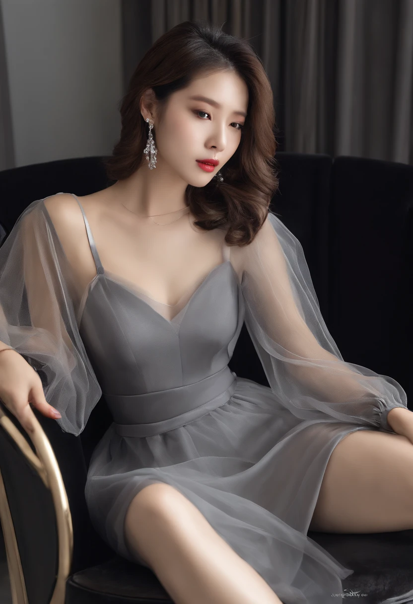Sitting in a chair in a black dress，Korean female fashion model，transparent gray skirts，mesh shirt，Chrome clothes，Shiny silver，Luckily I showed up，Bigchest，best qualtiy，White pedicure， tmasterpiece， 超高分辨率， realisticlying，