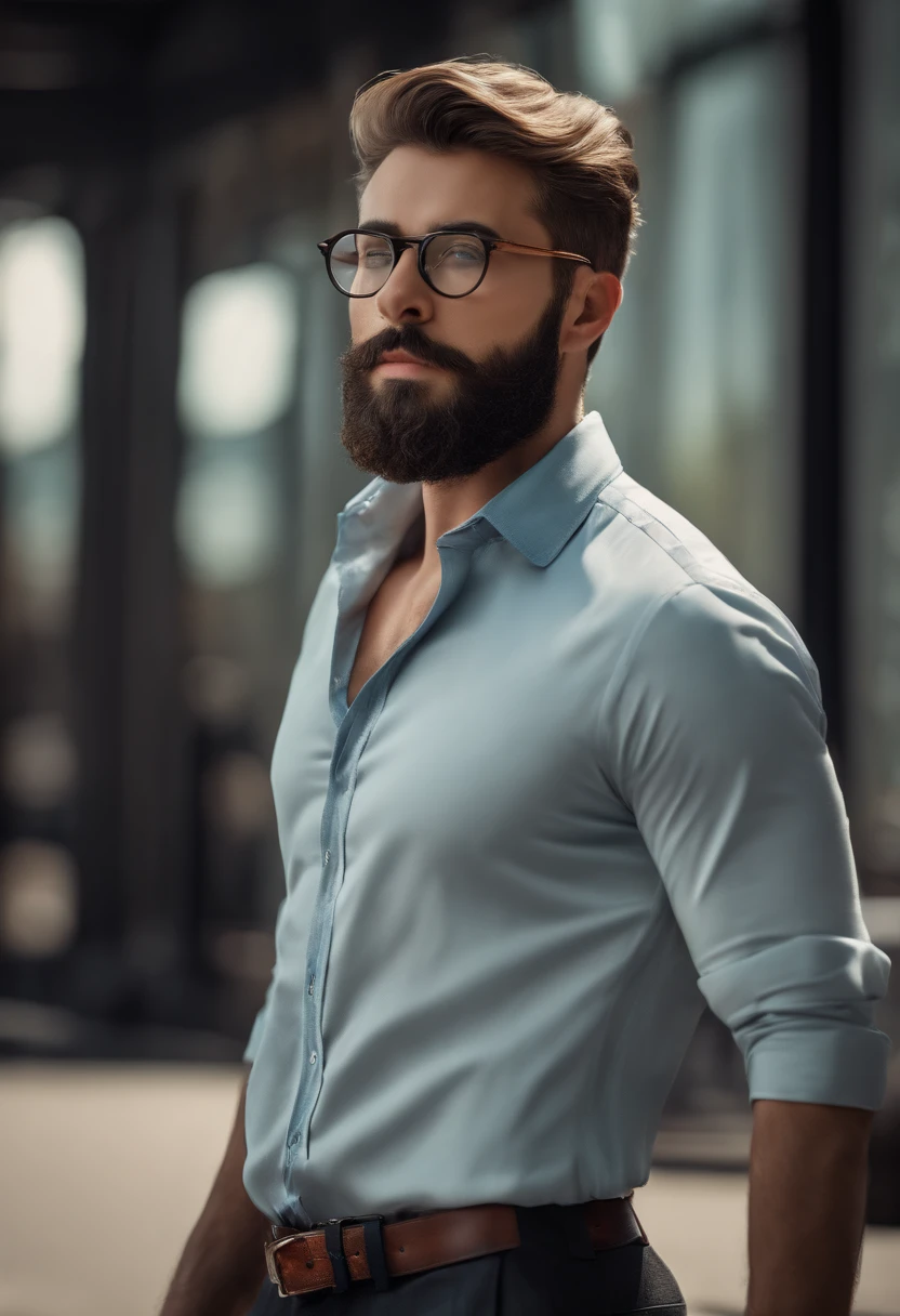 (best quality, ultra-detailed, realistic:1.37), man wearing glasses, detailed eyes, bearded face, stylish glasses, fashionable outfit, confident expression, clear and sharp focus, vibrant colors, studio lighting