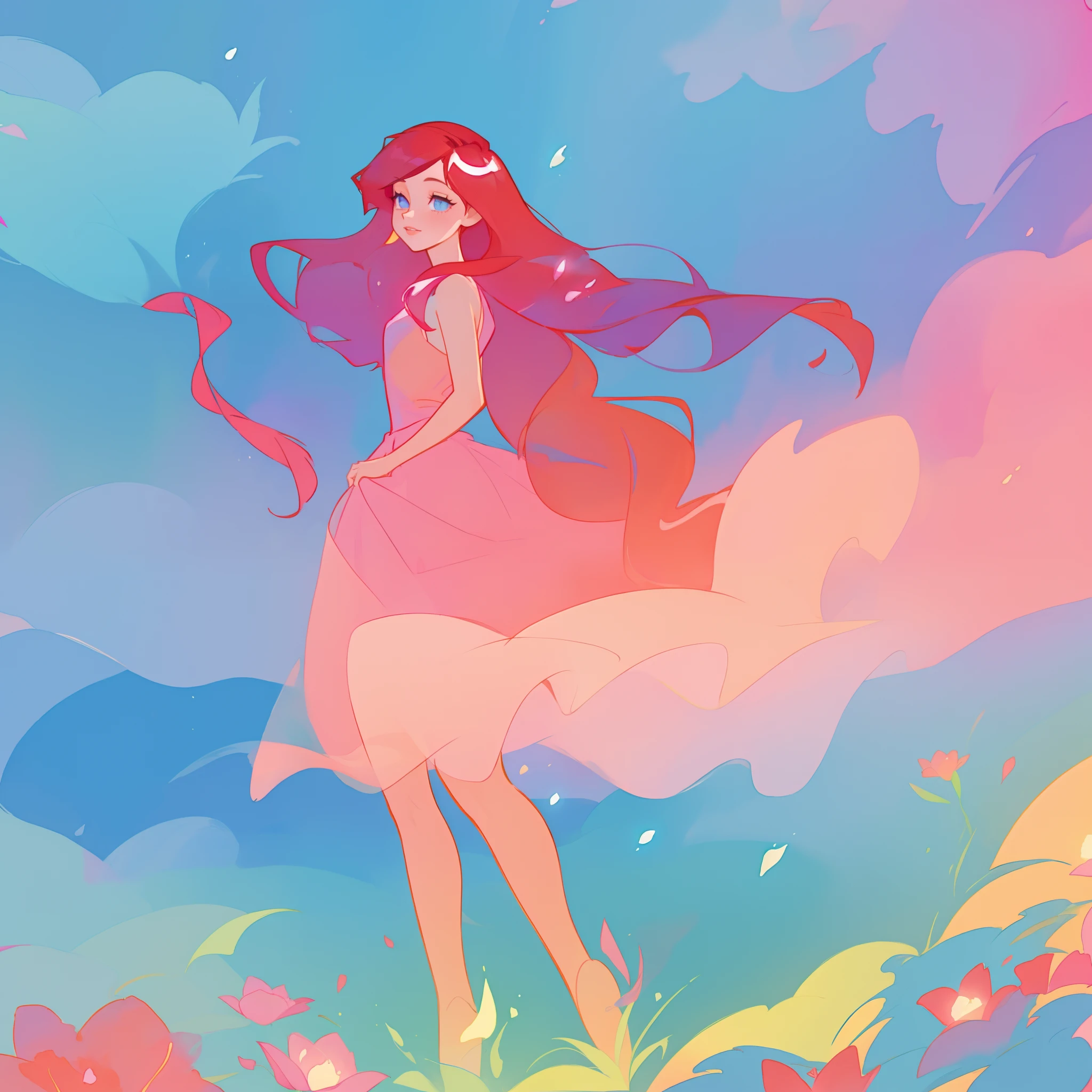 beautiful girl in flowing pink ballgown, long flowing red hair, colorful fantasia background, watercolor illustration, inspired by Glen Keane, inspired by Lois van Baarle, disney art style, by Lois van Baarle, glowing aura around her, by Glen Keane, jen bartel, glowing lights! digital painting, flowing glowing hair, glowing flowing hair, beautiful digital illustration, fantasia otherworldly landscape plants flowers, beautiful, masterpiece, best quality, anime disney style