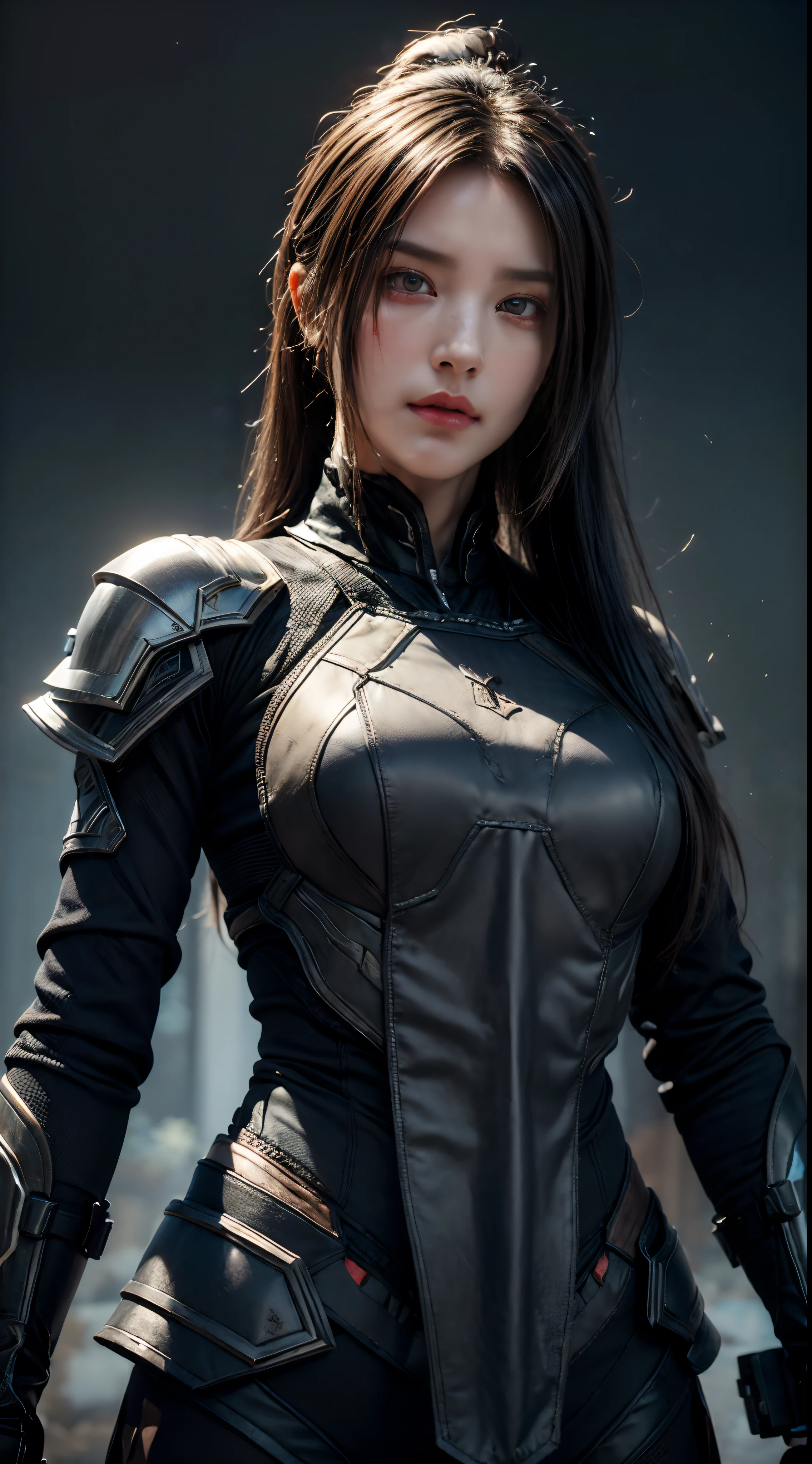 A woman in a black leather outfit holding a sword - SeaArt AI
