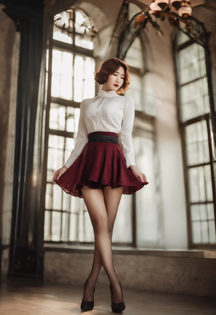 beautiful Korean women,short detailed hair,high-heels,27yo,whip, whip,Lingerie transparent,white skinned,black garter stockings,Sheer maroon skirt,Overweight,thighs thighs thighs thighs,White pedicure
