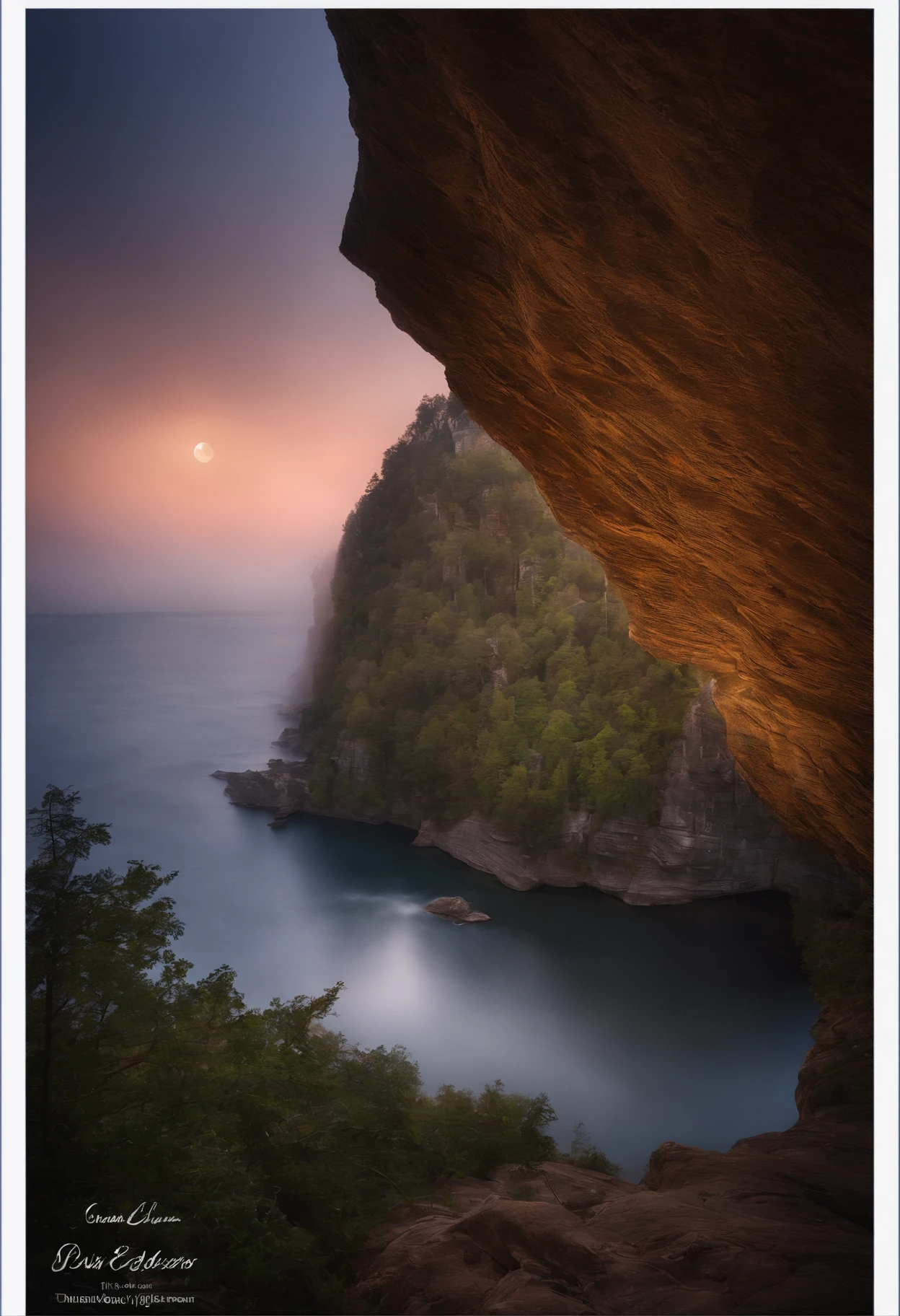 A photograph that captures the essence of a magical dream - like the world. An epic and legendary cliff that hangs over a beautiful lake, com cores surreais e vibrantes iluminando seu reflexo. The atmosphere is otherworldly, with soft night light casting ethereal shadows. The image creates a sense of depth and mystery, as if the viewer is being transported to another dimension, Creating a beautiful and haunting composition. Fotografado com uma Canon EosIII Zeiss de 120mm de largura
