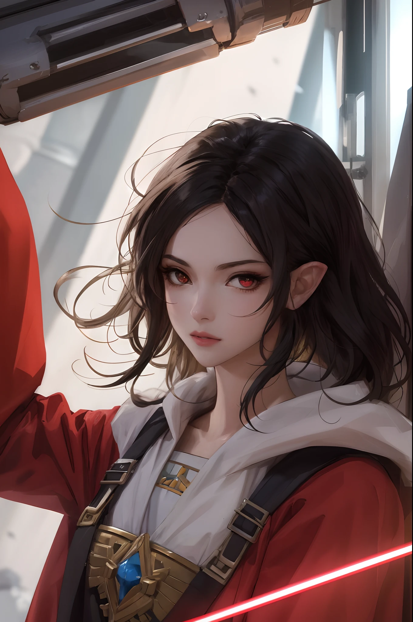 A full-body shot of Princess Zelda, black hair, red eyes, dressed as Rey Skywalker, 30 years old, mature, XL bust, gripping a one red light saber in only one hand, wearing a black cloak with red details, fighting, in a battle stance, Background: Inside the death star space station, Unreal Engine 5, Anime, Anime style, Masterpiece, Well drawn eyes, well drawn face, well detailed eyes, well detailed face, 8k, light and shadow effect.