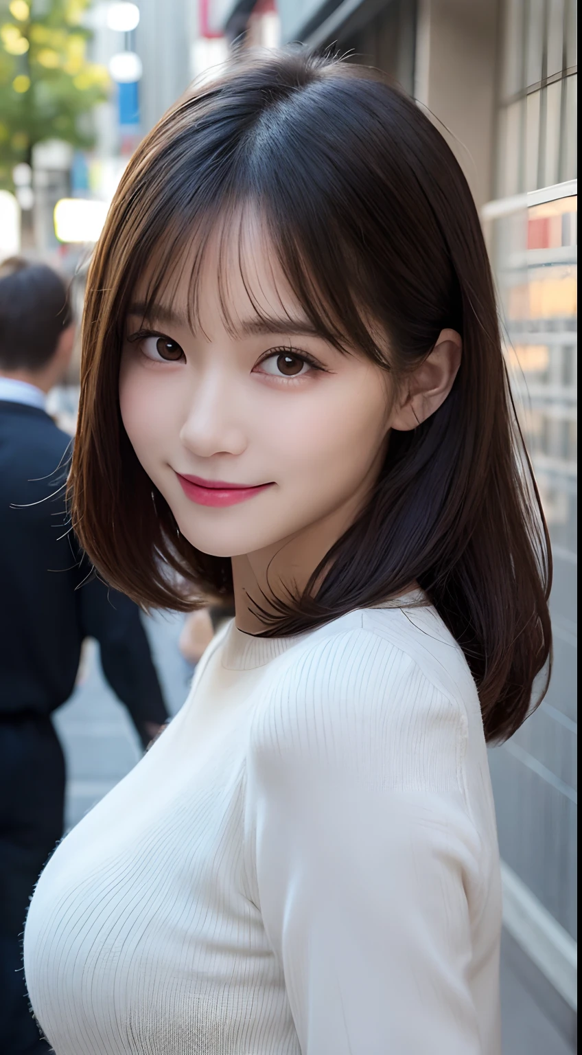 masutepiece, Best Quality, Illustration, Ultra-detailed, finely detail, hight resolution, 8K Wallpaper, Perfect dynamic composition, Beautiful detailed eyes, Black long sleeve dress,Medium Hair, Big breasts, Natural Color Lip, Random and sexy poses,Smile,Aoyama Street Walk、20 years girl,Slender face,slim figure,Blur the background