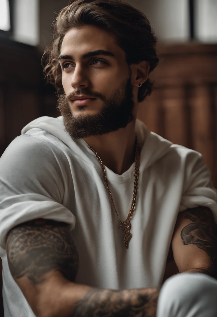 A imagem mostra um jovem homem com cabelos curtos e escuros, positioned in profile and with crossed arms. He's smiling at the camera, displaying a cheerful and confident expression. Her face has remarkable features, como olhos escuros e arredondados, uma boca aberta e um nariz aquilino.
Young man is wearing a watch with clock, adding a touch of style to your look. Ademais, He has a tattoo on his left arm, which can be an element of personal expression or a symbol of your personality.
Ao observar a roupa, We can see that the young man is wearing a black hooded sweatshirt, que complementa seu estilo de moda. The combination of your smile, Tattoo and casual clothing creates an image of confidence and self-expression.