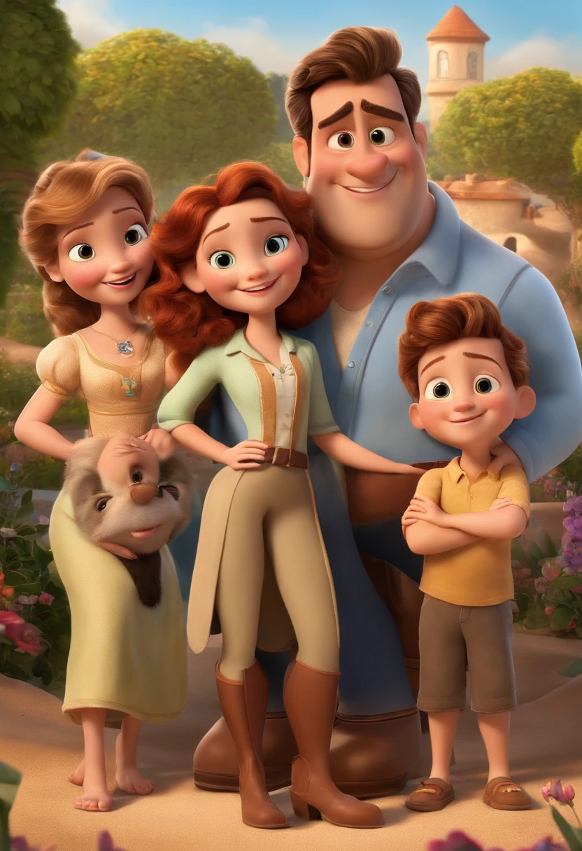 a Disney Pixar movie poster showing a white-skinned family. The father is the tallest, Tem barba curta, loiro, cabelos curtos e espinhosos. The mother has brown eyes and hair, shoulder-length and is slightly overweight. A menina tem 4 anos e cabelos castanhos, roupa rosa e rabos de cavalo. The background is a beach garden. 3D-rendering