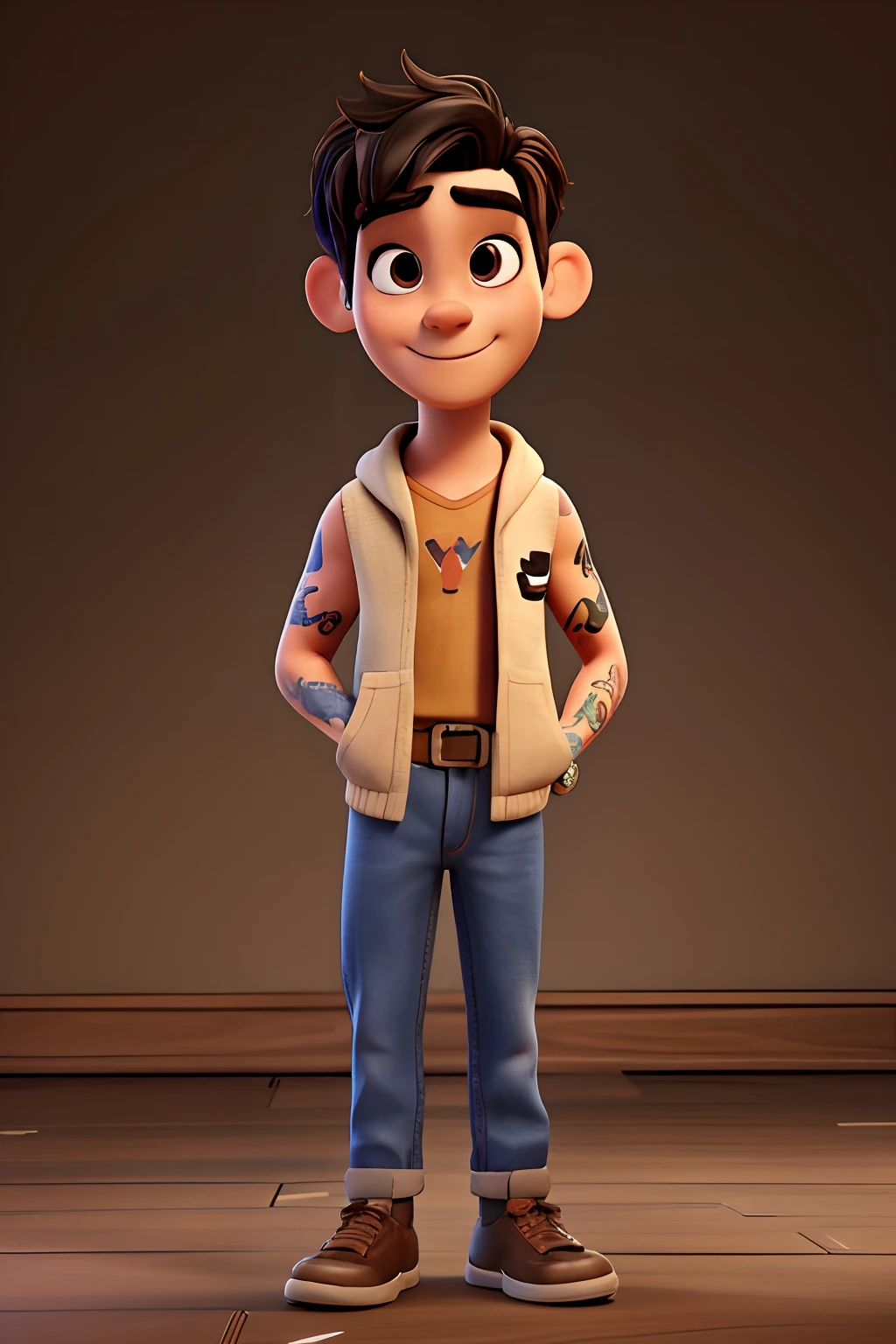 Create a Disney pixar character, he's tall Brunette, has tattoos on his arms, chests, black hair, brown eyes, I love a speaker and a joint