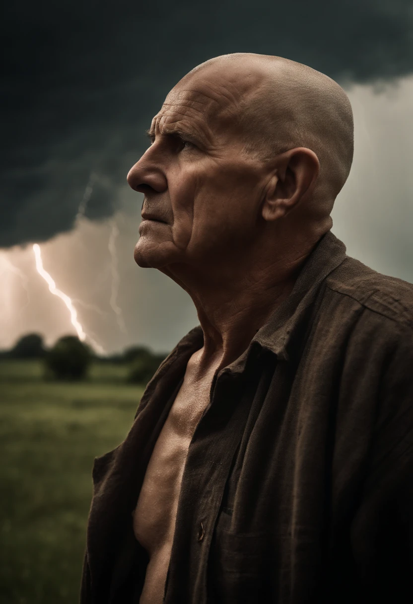 Old frail man, shaven head, no shirt, ragged garments ,biblical times, gazing up to a tornado on the sky with heavy lightning