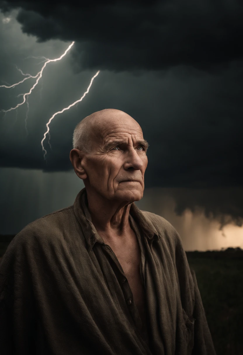 Old frail man, shaven head, no shirt, ragged garments ,biblical times, gazing up to a tornado on the sky with heavy lightning