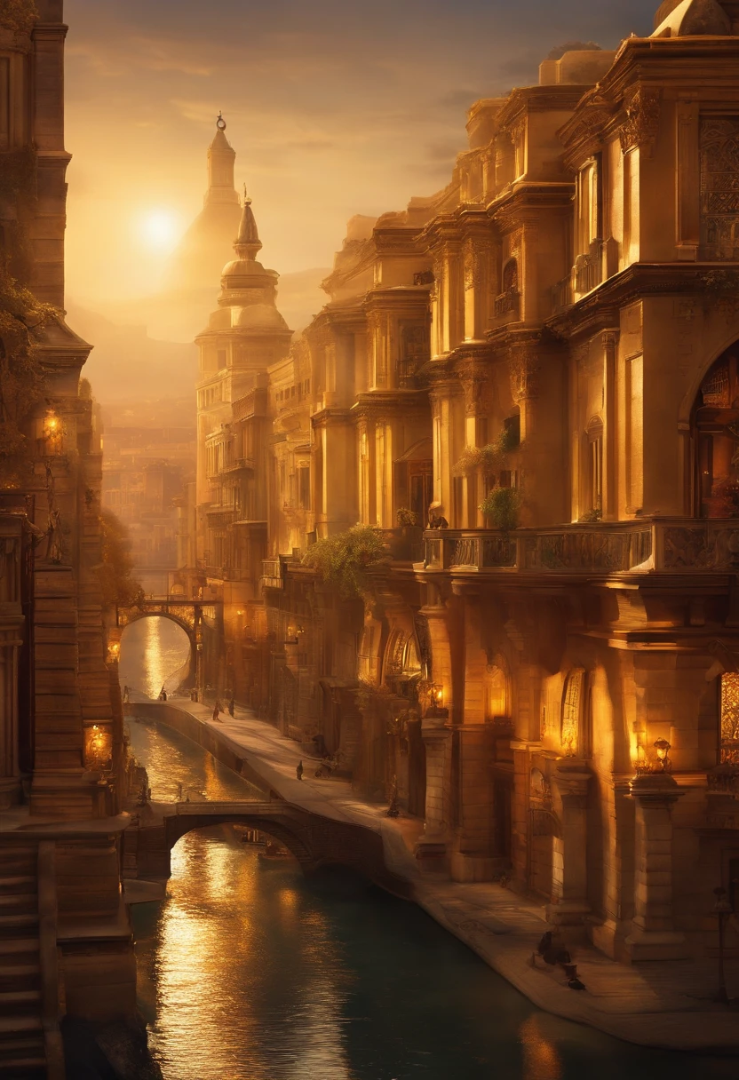 a city with buildings made of different, gold, diamond, river streets and looks like a wondrous Gold land