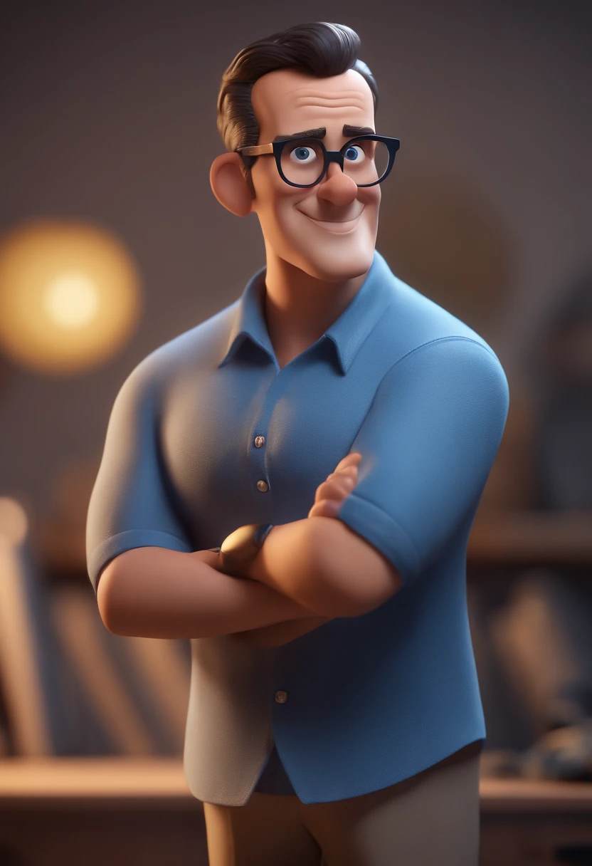 Cartoon character of a man with black glasses and a blue shirt, animation character, Caractere estilizado, animation style rendering, 3D estilizado, Arnold Maya render, 3 d render stylized, toon render keyshot, Personagem 3D, Personagem 3D, 3d rendering stylized, 3 d character render, personagem de desenho animado, Personagem de close up, Pose de personagem, (Estilo Pixar) (master part:1.2) (Bokeh) (best quality) (pele detalhada) (textura detalhada) (8k) (argila) (Cinematic lighting) (foco nítido