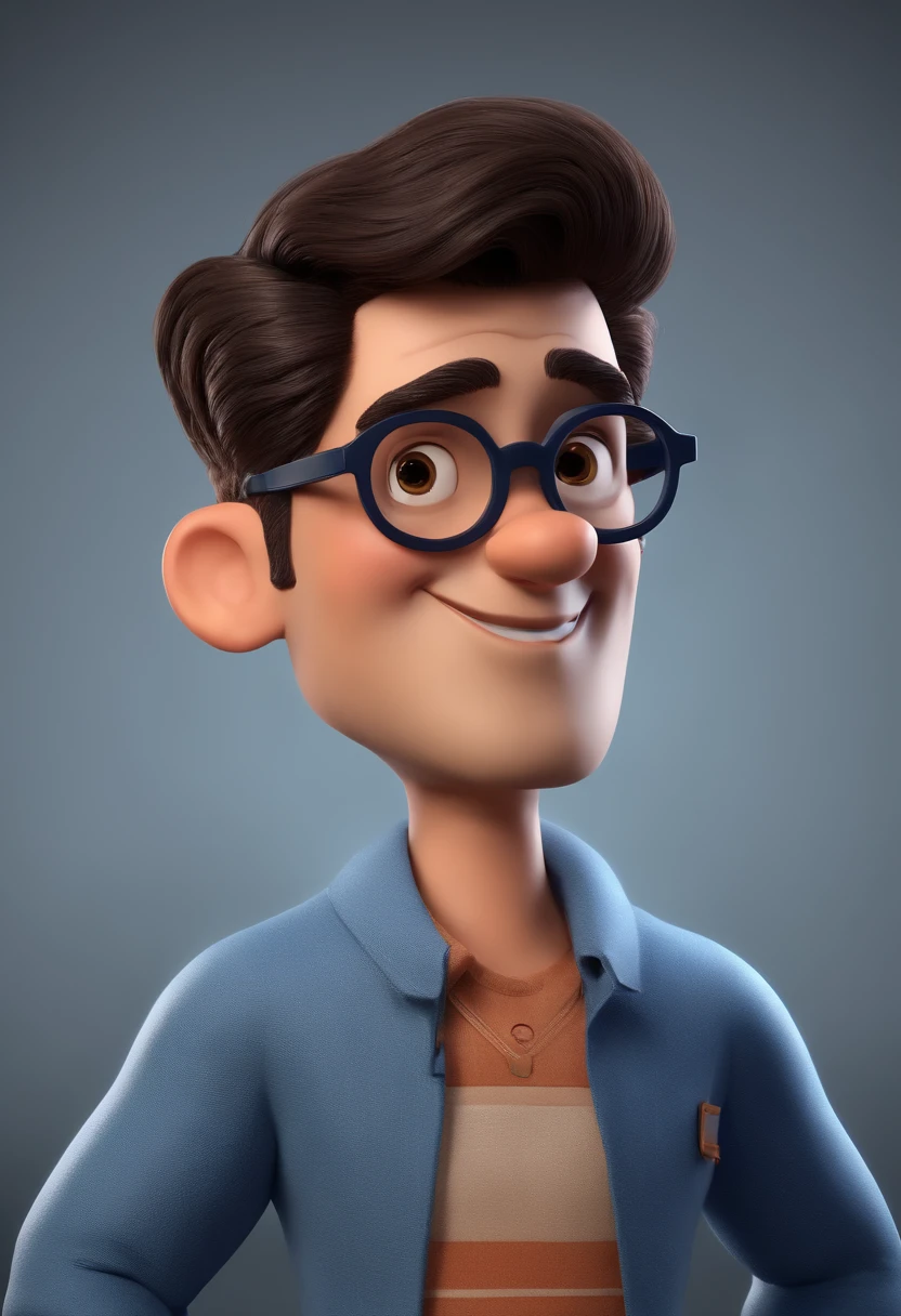 Cartoon character of a man with black glasses and a blue shirt, animation character, Caractere estilizado, animation style rendering, 3D estilizado, Arnold Maya render, 3 d render stylized, toon render keyshot, Personagem 3D, Personagem 3D, 3d rendering stylized, 3 d character render, personagem de desenho animado, Personagem de close up, Pose de personagem,  (Estilo Pixar) (master part:1.2) (Bokeh) (best quality) (pele detalhada) (textura detalhada) (8k) (argila) (Cinematic lighting) (foco nítido