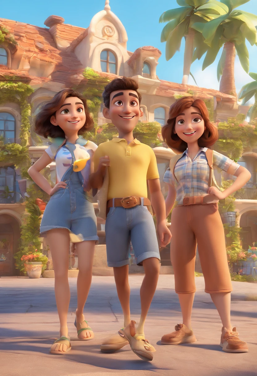 Cartoon of friends having fun on vacation together,  3D Animation Movie Poster, Poster de filme animado, pixar 3 d animation style, pixar renderman rendering, maia 8 mil, animated film, Disney Pixar Estilo 3D, amigos felizes saem juntos, all wearing light blue shirts and cream brown long pants, camisa azul clara, cream brown pants, ao ar livre, vacation, Disney Pixar Animation Poster