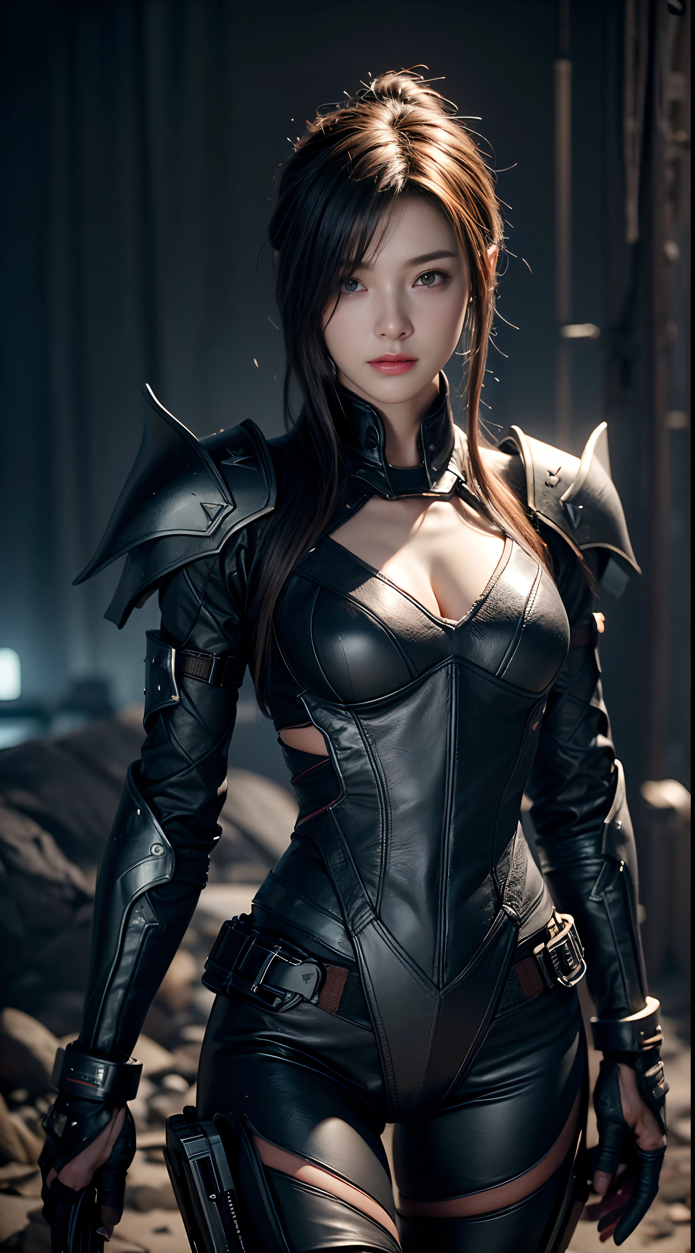 ((top-quality)), ((masterpiece)), (detaileds:1.4),。.。.。.。.。.。.。.。.3D, Beautiful Cyberpunk Woman Image,nffsw(HighDynamicRange),Ray traching,NVIDIA RTX,Hyper-Resolution,Unreal 5,Sub-surface scattering,PBR Texturing,Postprocess,Anisotropy Filtering,depth of fields,Maximum clarity and sharpness,multi-layer texture,Albedo and specular maps,Surface Shading,Accurate simulation of light-material interactions,perfectly proportions,Octane Rendering,Two-tone lighting,Wide aperture,Low ISO、White Balance、thirds rule、8K Raw、(Armor with a black dragon design),(((Clothes and armor are tattered))),(((Clothes are stained with dirt or dust))),((Upper body portrait))