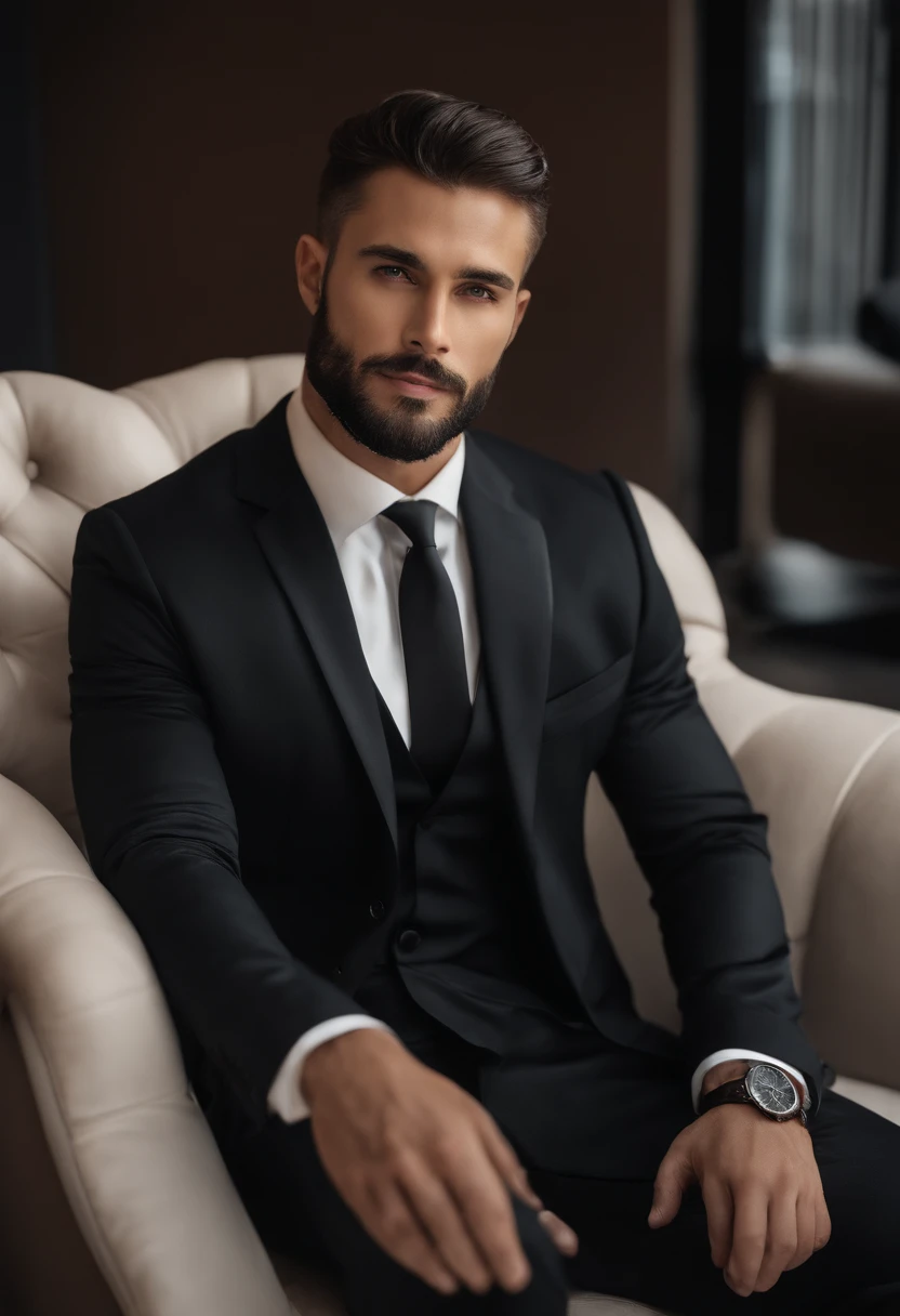 en haut、Faire un bel homme de 30 ans dans un costume noir et une cravate, PDG, cheveux et barbe bruns, (Homme en costume noir et cravate), ), (Utilisez une barbe,) Attractive and serious look, cheveux noirs courts, Elegant and elegant, Shave Tightly Fitting in Suit and Strong Body, (highly quality, Realistic images), Dark and light black on image background, Style de film, ((premier quality, 8k, шедевр), Ultra High Definition Photo, (Beautiful detailed faces, detail skin texture, Hyperdetailed body:1.1) with open mouth