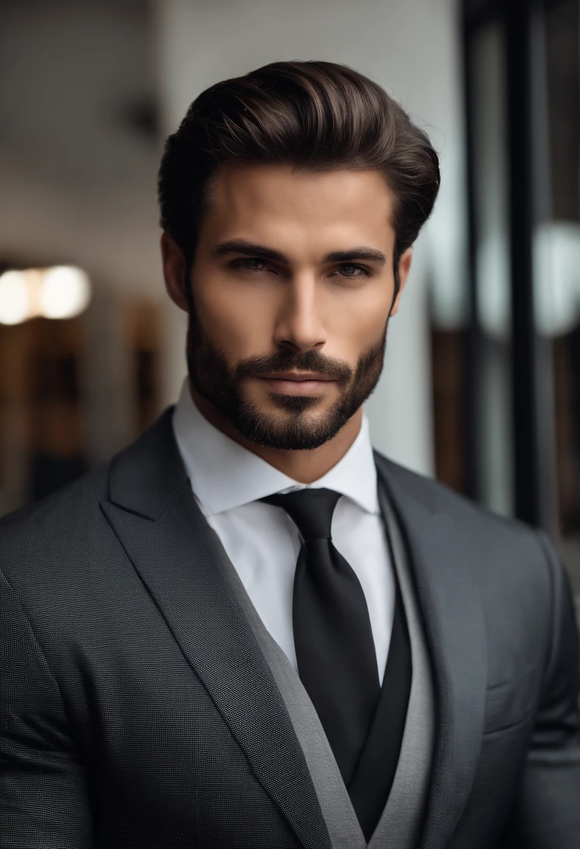 Acima、Make a handsome 30-year-old brunette man in black suit and tie, CEO, cabelos castanhos e barba, (Homem de terno preto e gravata), ), (Use barba,) Attractive and serious look, cabelo preto curto, elegante e elegante, Shave well fitted on suit and strong body, (alta qualidade, imagens realistas), Preto escuro e claro no fundo da imagem, Estilo de filme, ((Qualidade Premier, 8k, Obra-prima), Ultra High Definition Photo, (lindos rostos detalhados, textura da pele do detalhe, Corpo hiperdetalhado:1.1)