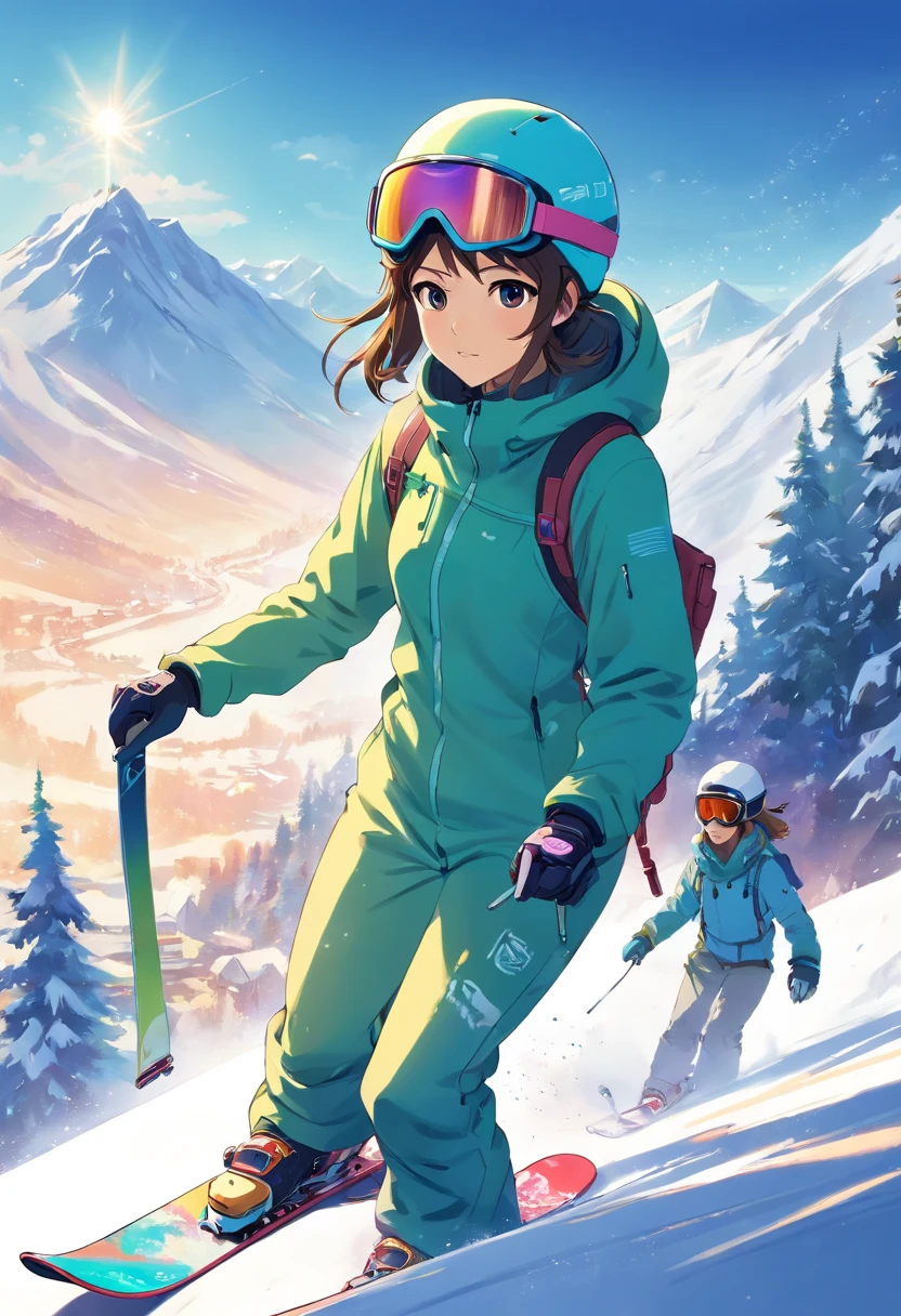 Female long-haired snowboarder in ski suit with helmet and snow goggles, Action sports, Steep, estilo de arte detalhado atraente, Estilo italiano tradicional,estilo de arte impressionante, stunning digital illustration, Arte conceitual de inverno, bela arte digital, papel de parede de alta qualidade, estilo de arte anime de alta qualidade, 1024px, estilo de arte conceitual