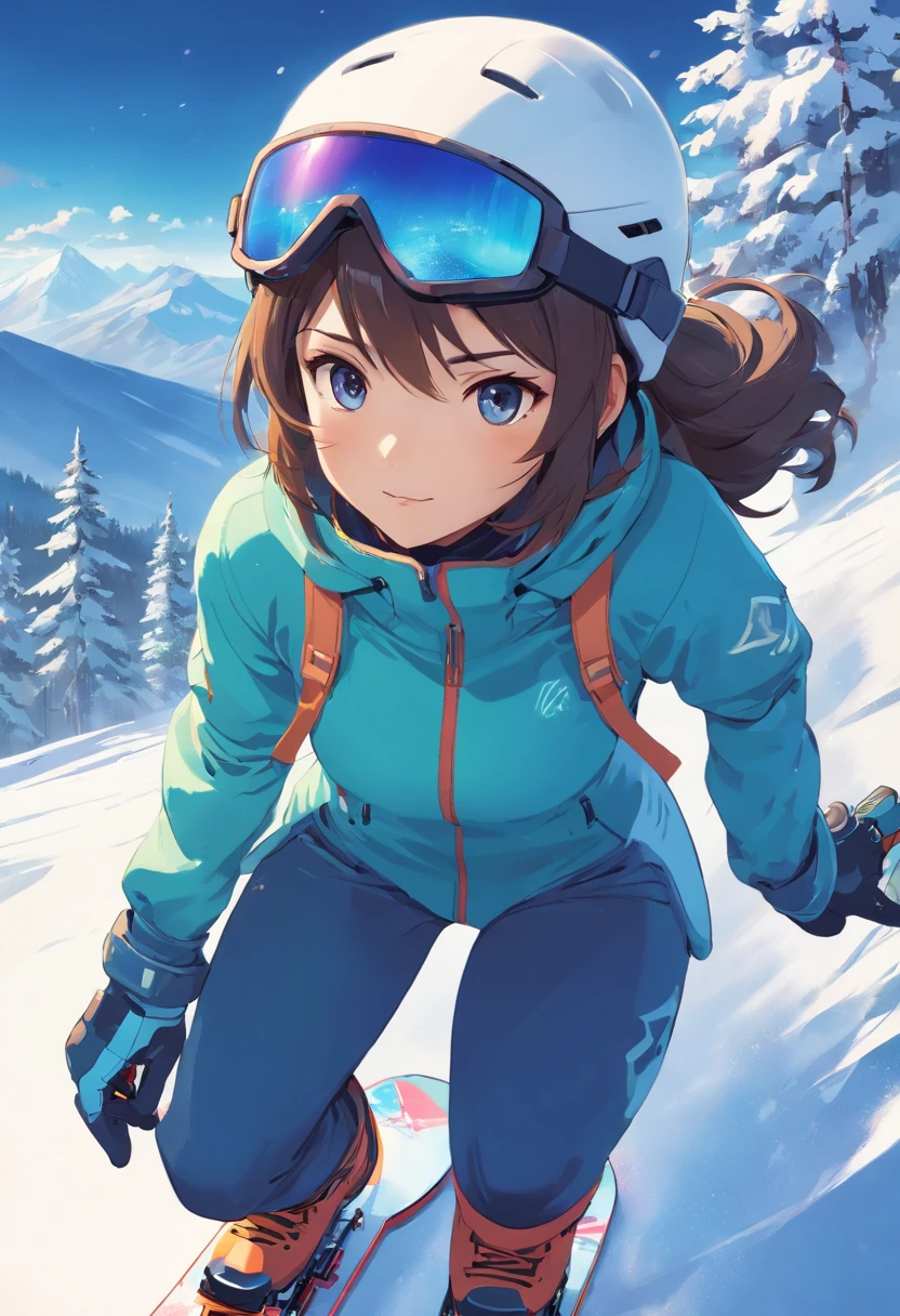 Female long-haired snowboarder in ski suit with helmet and snow goggles, Action sports, Steep, estilo de arte detalhado atraente, Estilo italiano tradicional,estilo de arte impressionante, stunning digital illustration, Arte conceitual de inverno, bela arte digital, papel de parede de alta qualidade, estilo de arte anime de alta qualidade, 1024px, estilo de arte conceitual